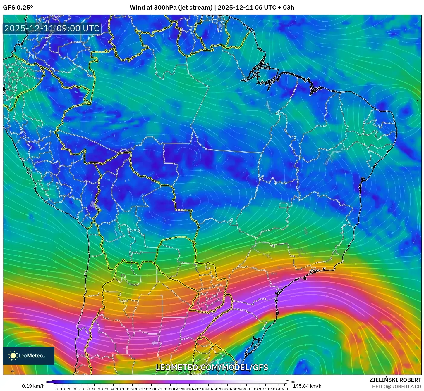 GFS model - Brazil, Wind at 300hPa (jet stream)