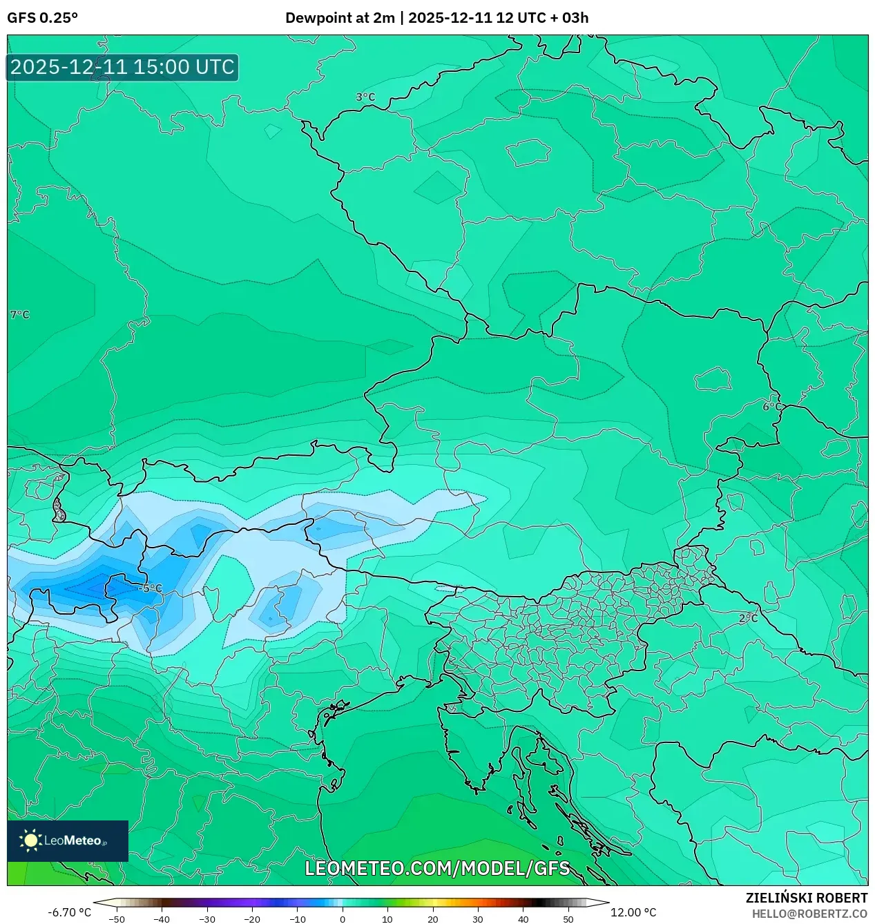 GFS model - Austria, Dewpoint at 2m