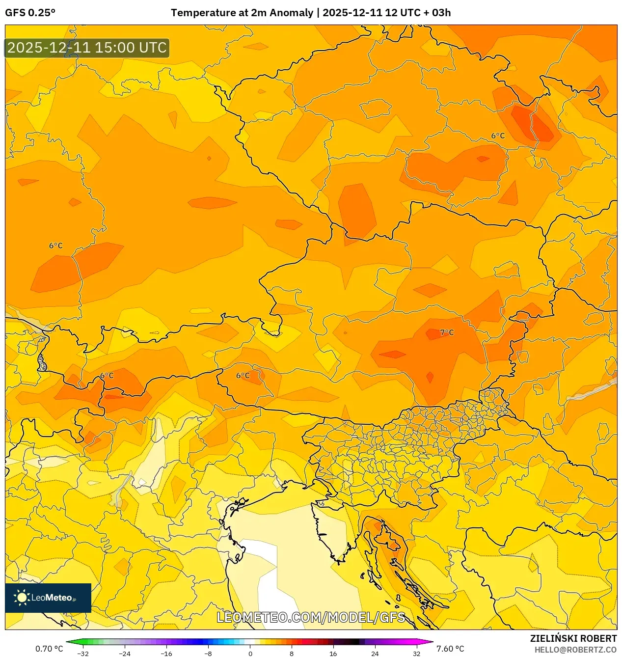 GFS model - Austria, Temperature at 2m Anomaly