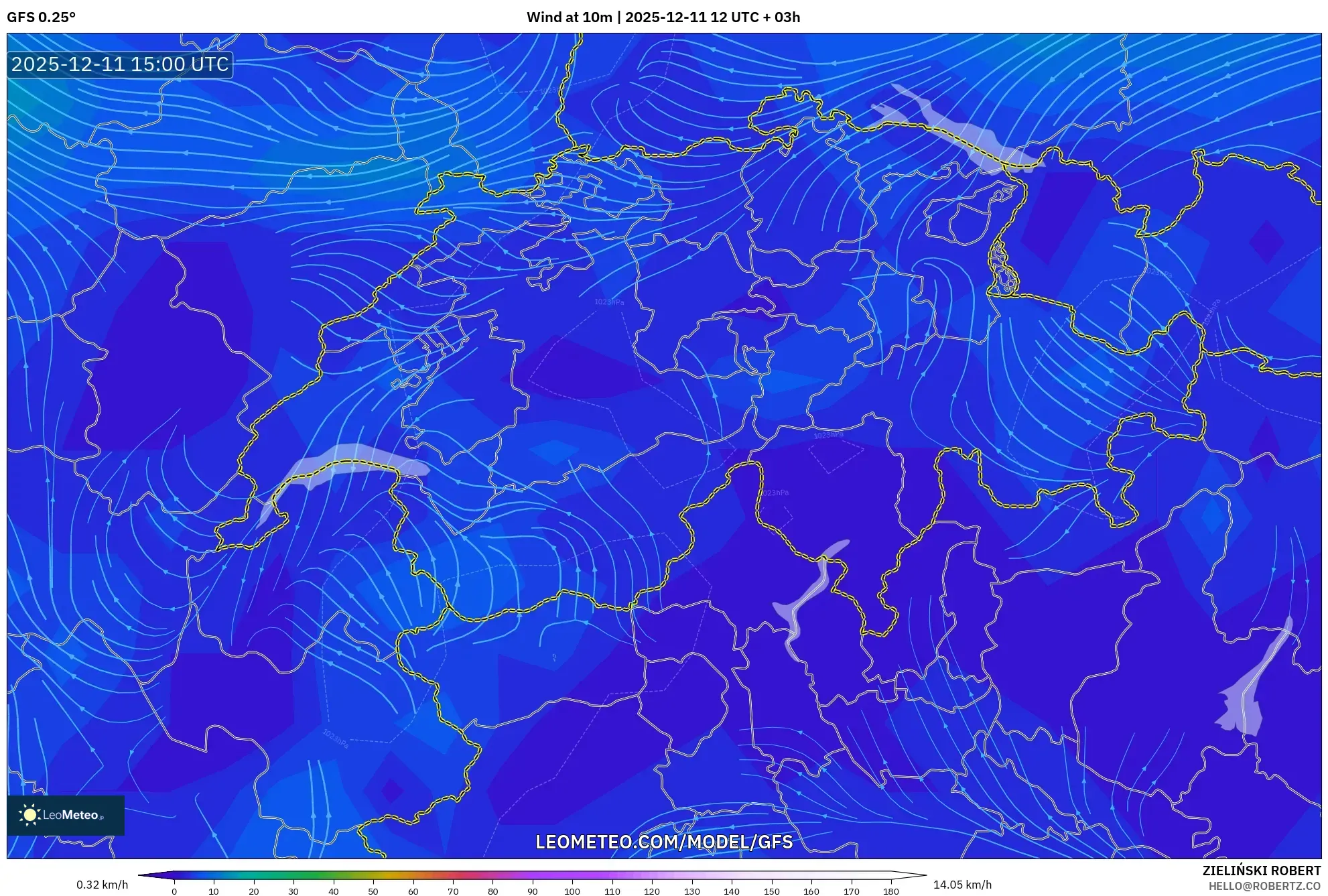 GFS model - Switzerland, Wind at 10m