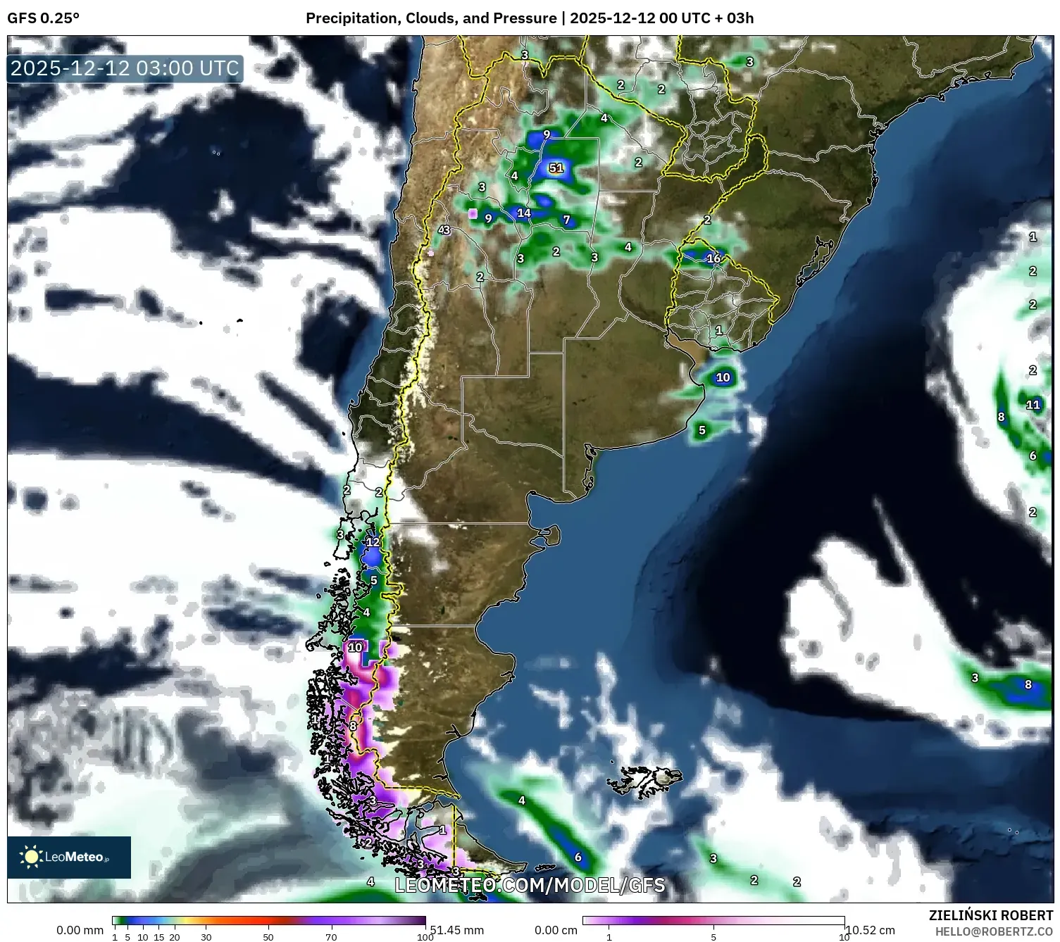 GFS model - Argentina, Hujan, Awan dan Tekanan