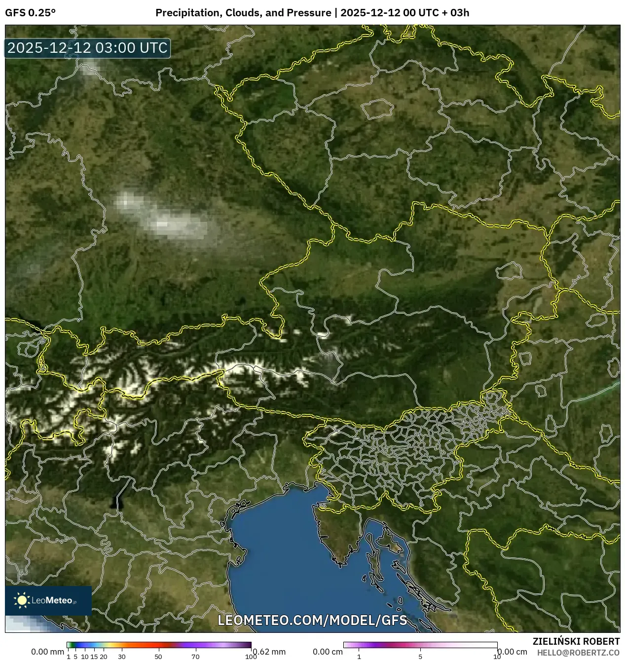 GFS model - Austria, Hujan, Awan dan Tekanan