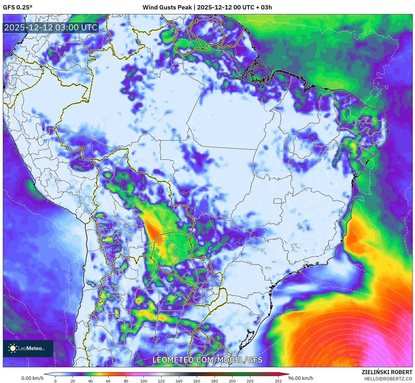 GFS model - Brazil, Hembusan Tertinggi