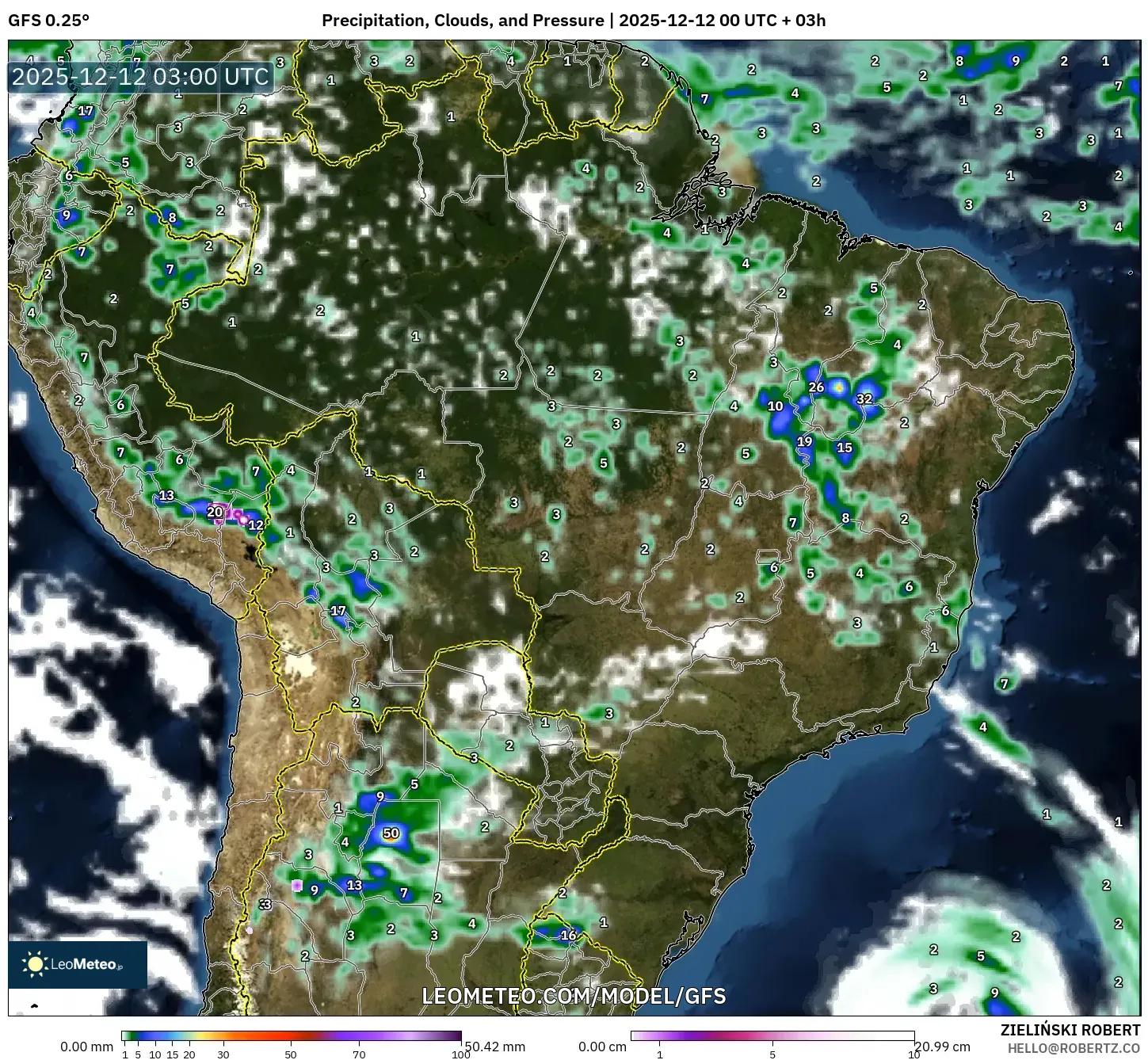 GFS model - Brazil, Hujan, Awan dan Tekanan