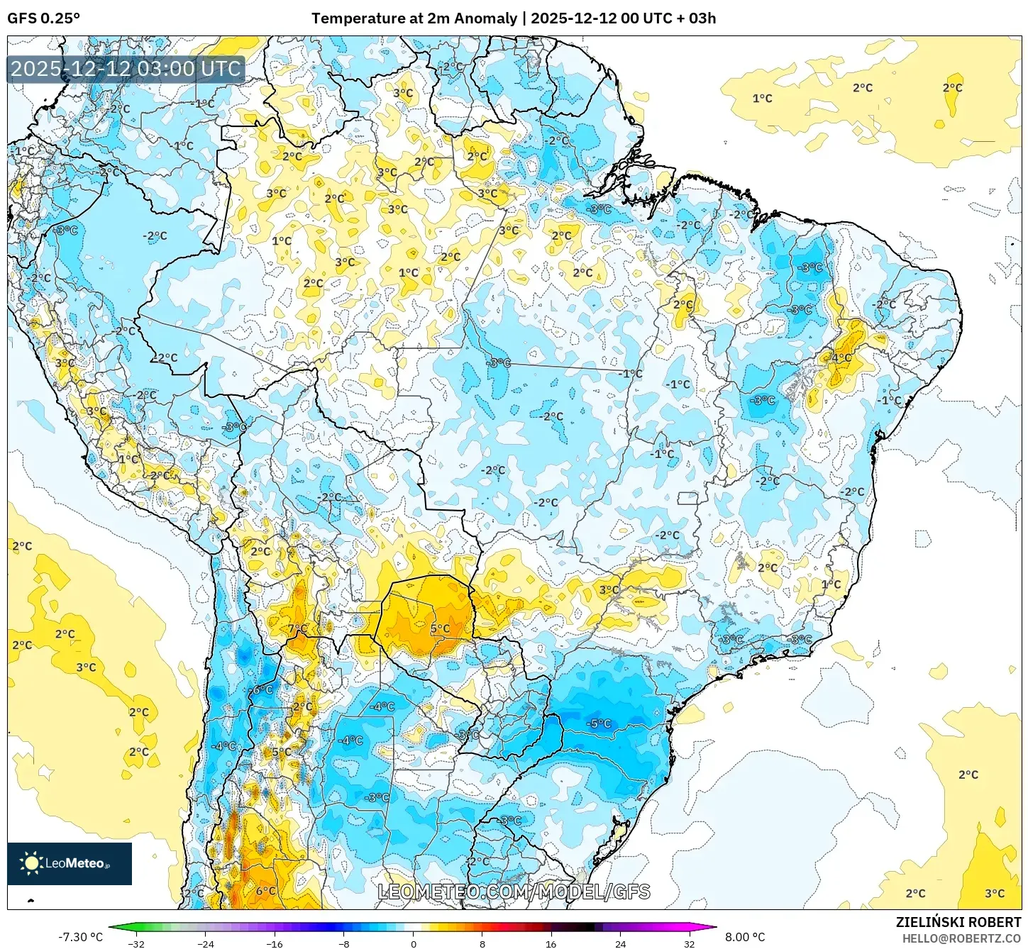GFS model - Brazil, Anomali Suhu 2 m