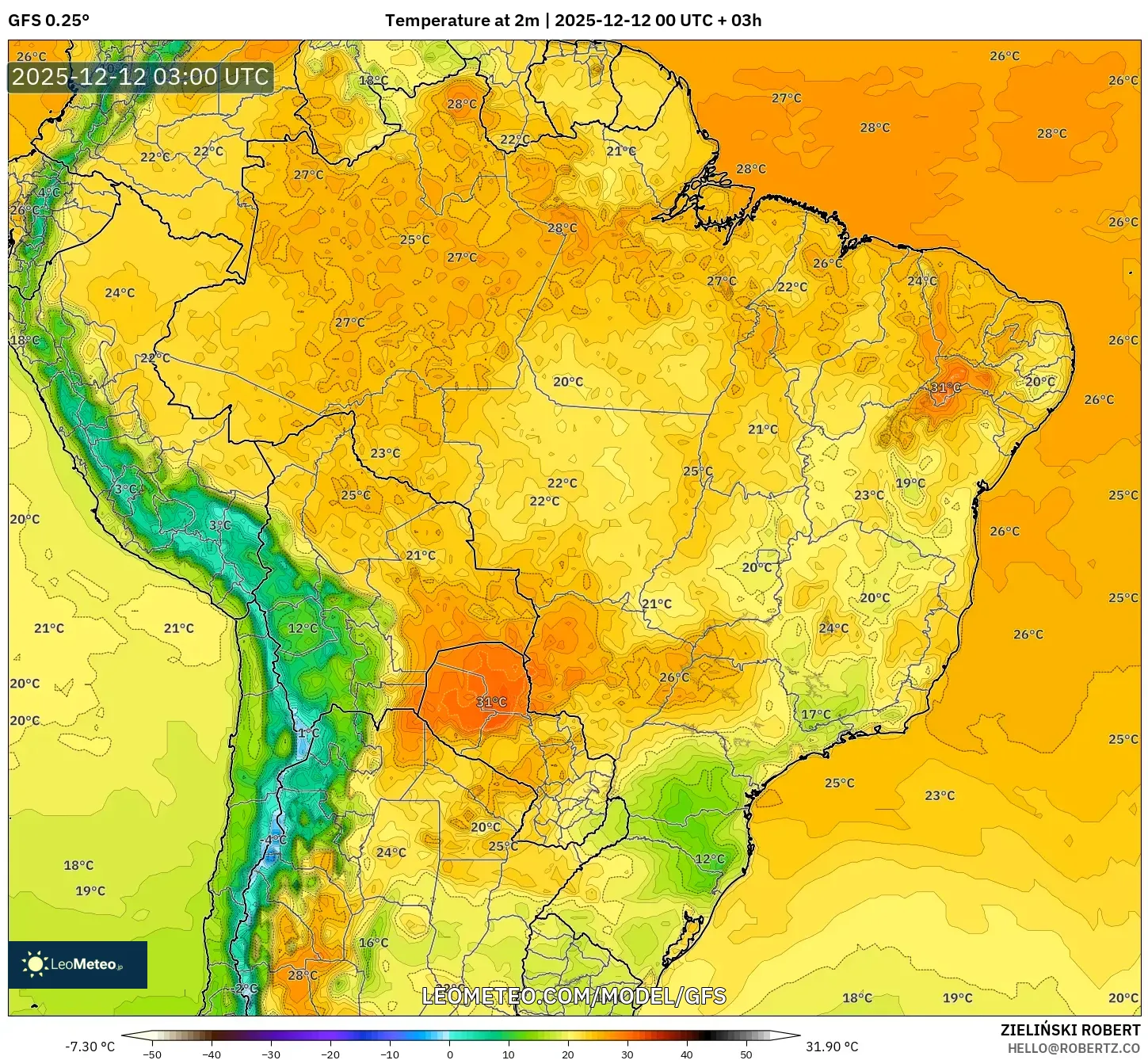 GFS model - Brazil, Suhu pada 2 m