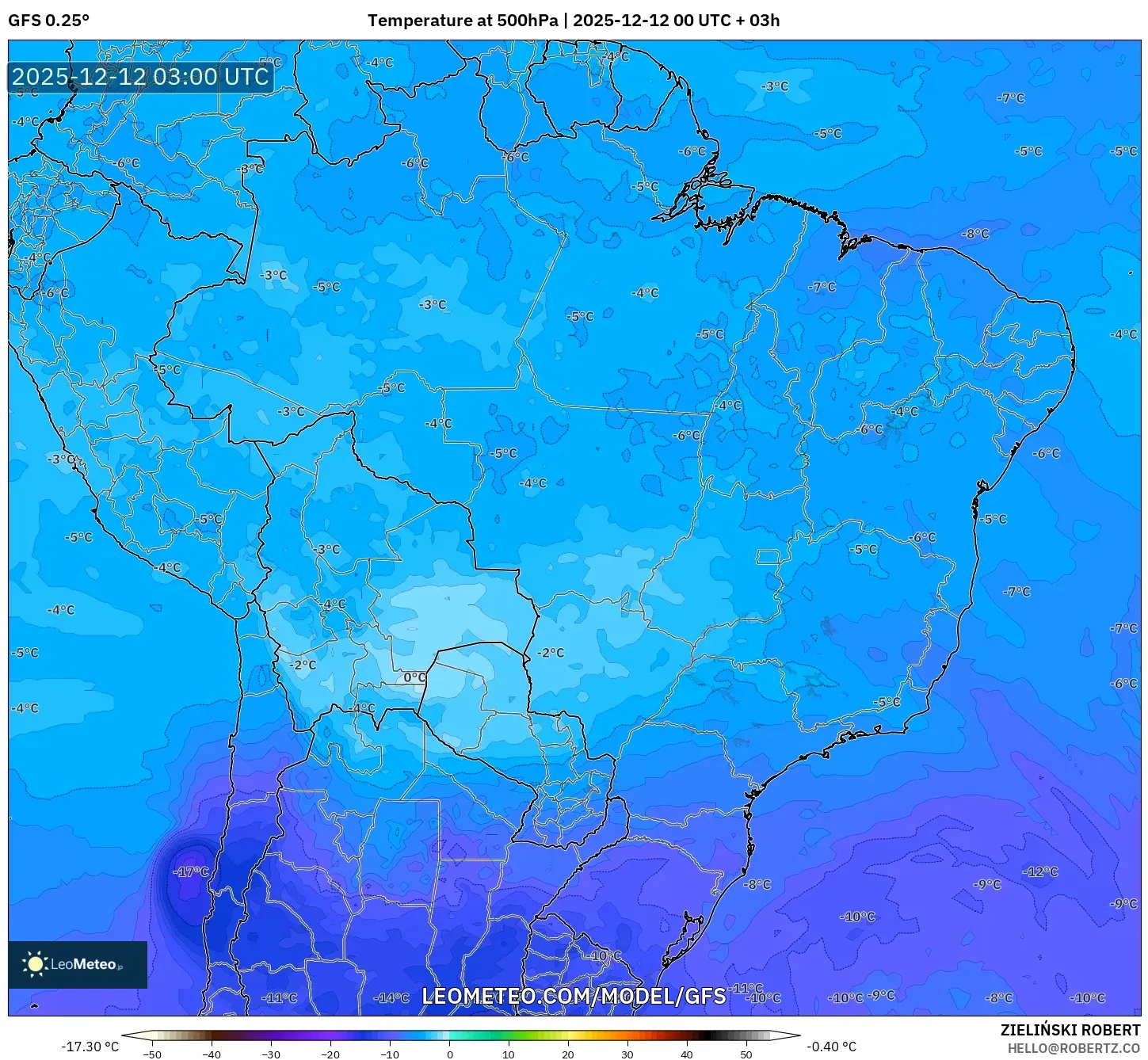 GFS model - Brazil, Suhu 500 hPa