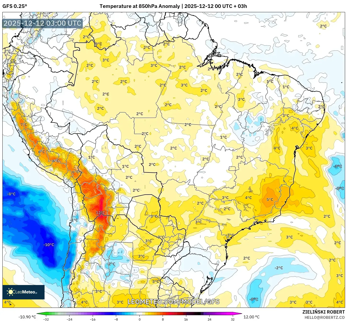 GFS model - Brazil, Anomali Suhu 850 hPa