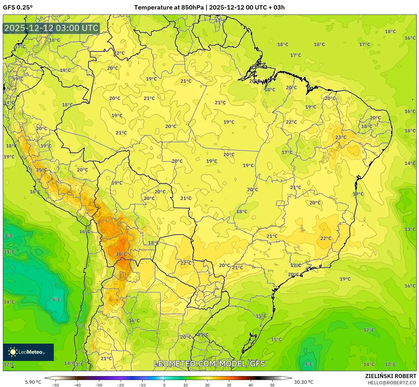 GFS model - Brazil, Suhu 850 hPa