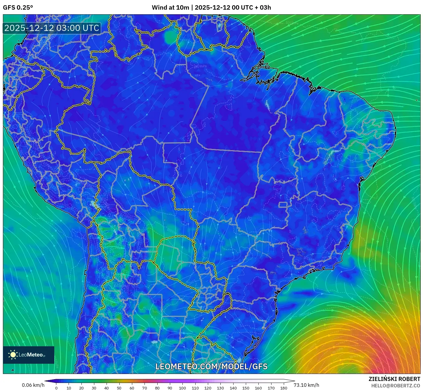 GFS model - Brazil, Angin 10 m