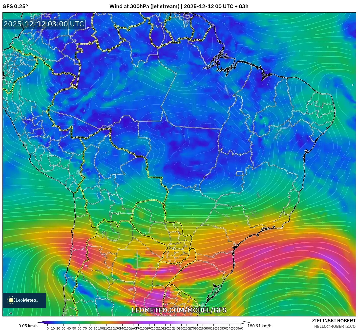 GFS model - Brazil, Angin 300 hPa (aliran jet)