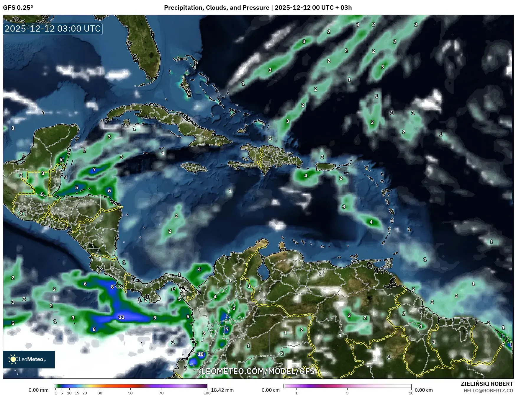 GFS model - Karibia, Hujan, Awan dan Tekanan