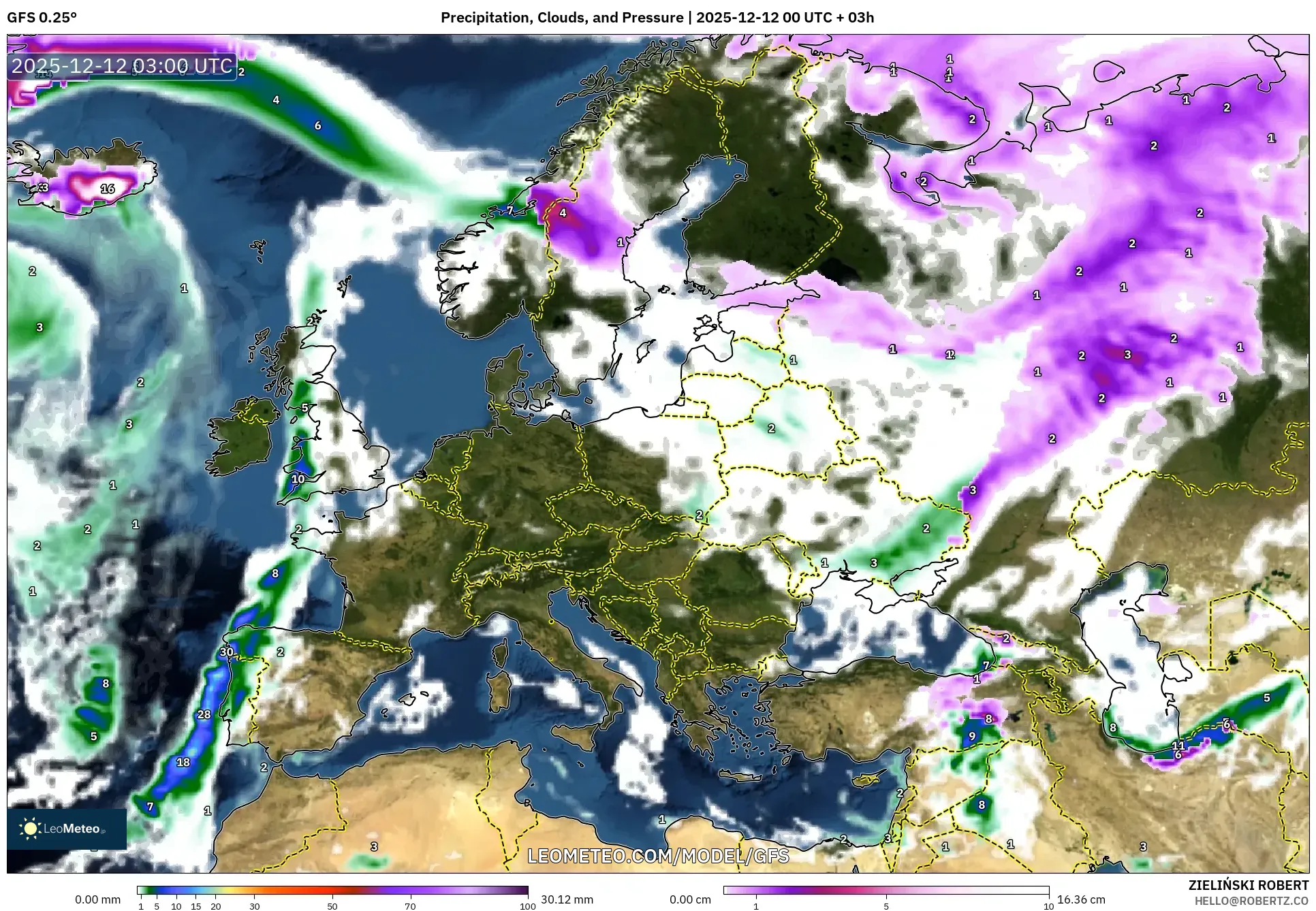 GFS model - Eropah, Hujan, Awan dan Tekanan