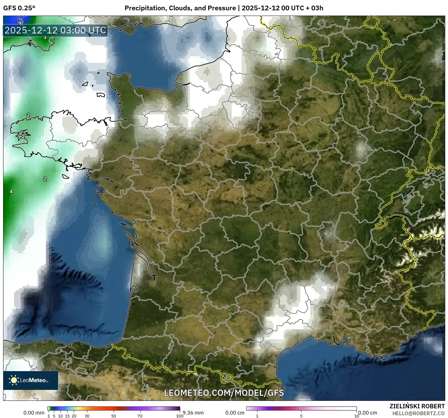 GFS model - Perancis, Hujan, Awan dan Tekanan