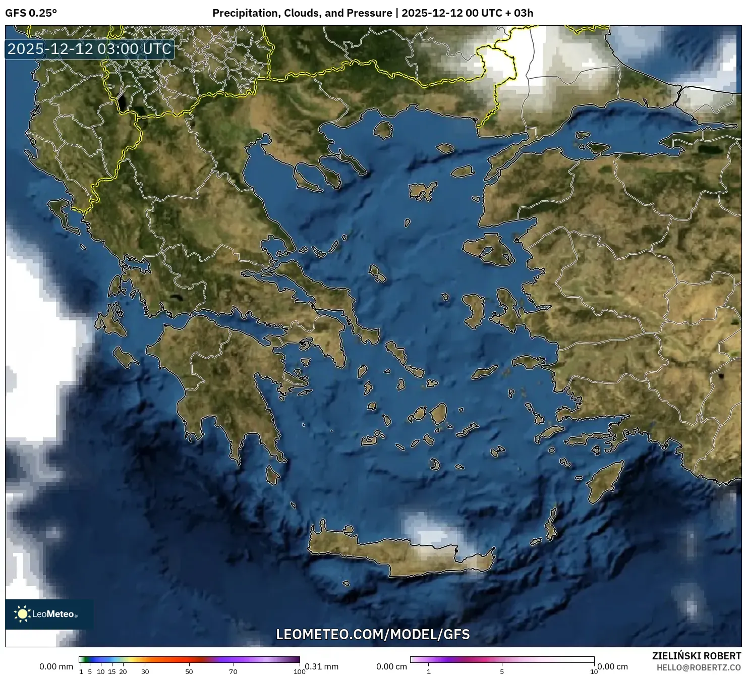 GFS model - Yunani, Hujan, Awan dan Tekanan