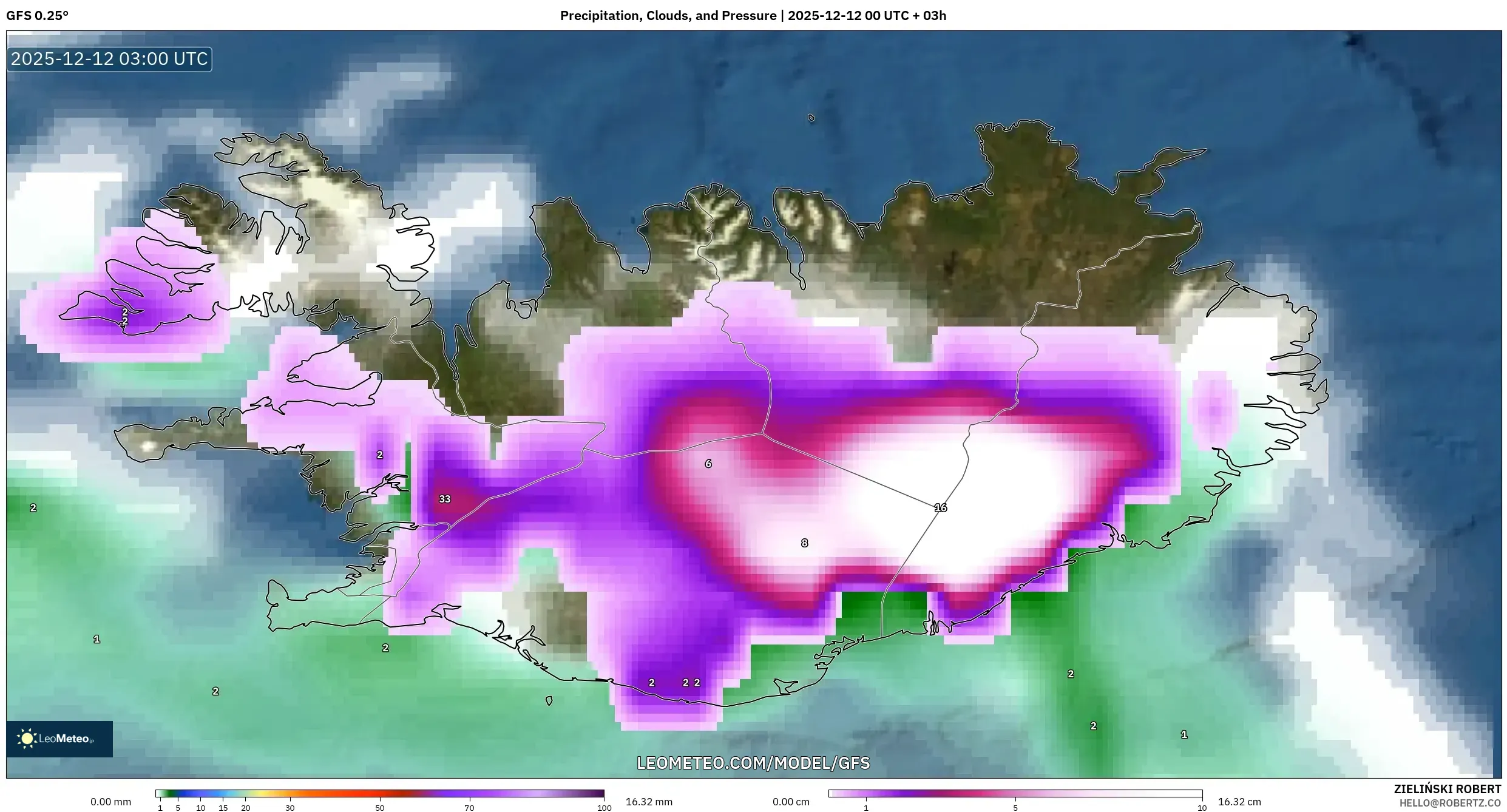 GFS model - Iceland, Hujan, Awan dan Tekanan