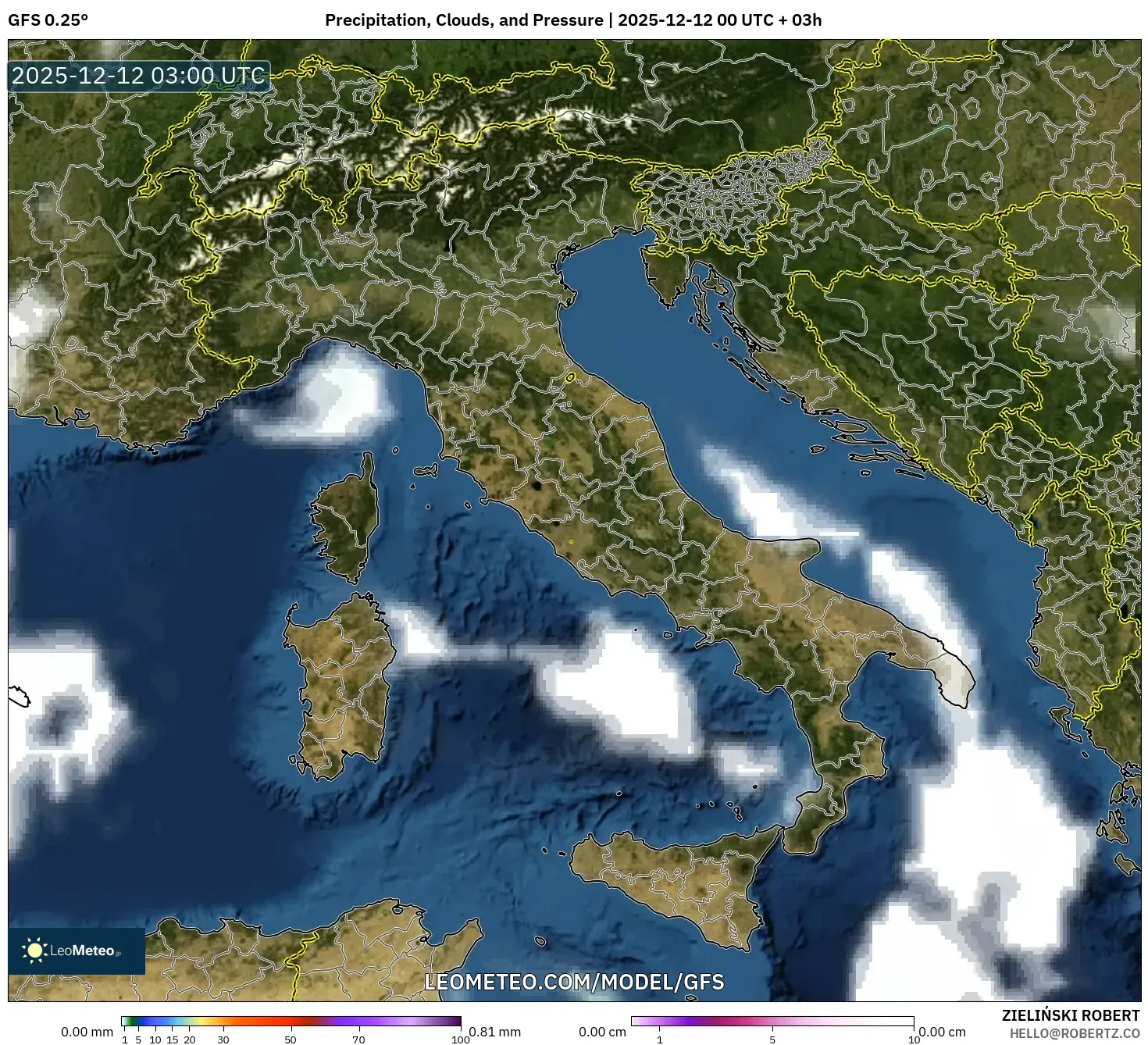 GFS model - Itali, Hujan, Awan dan Tekanan