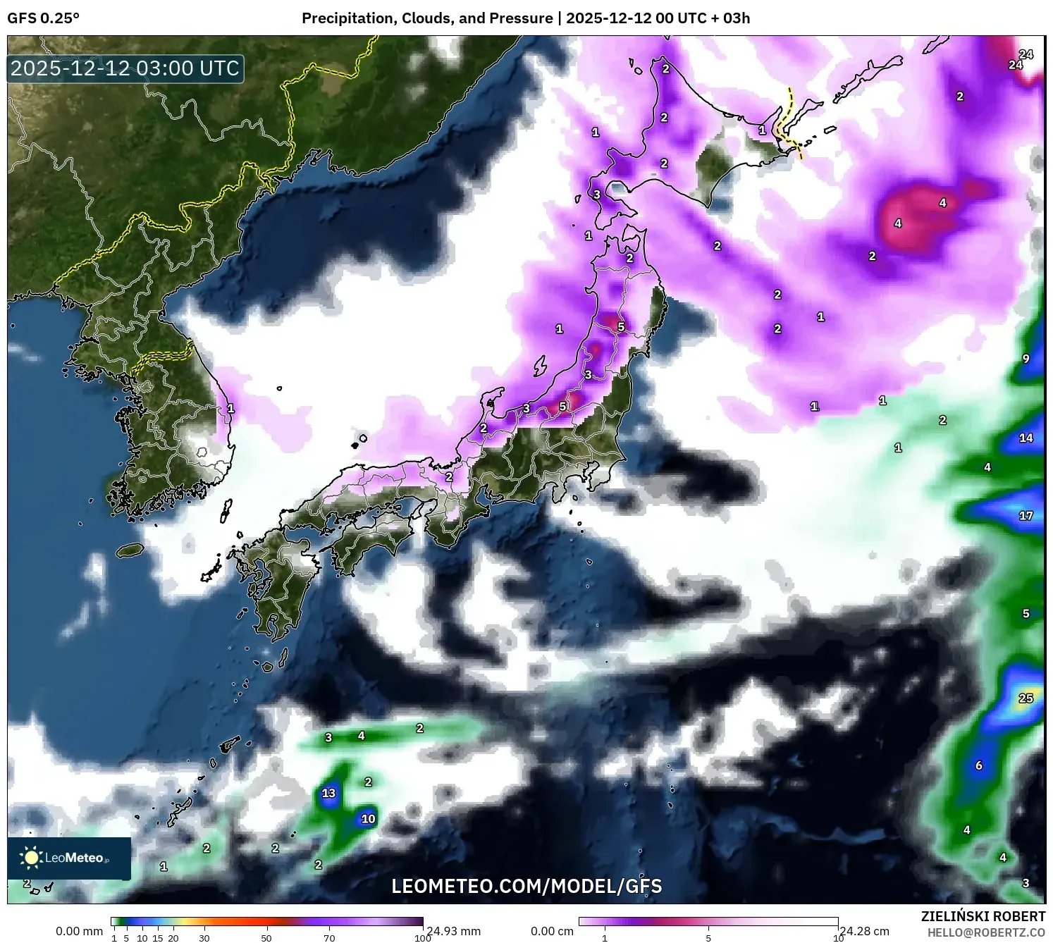 GFS model - Jepun, Hujan, Awan dan Tekanan