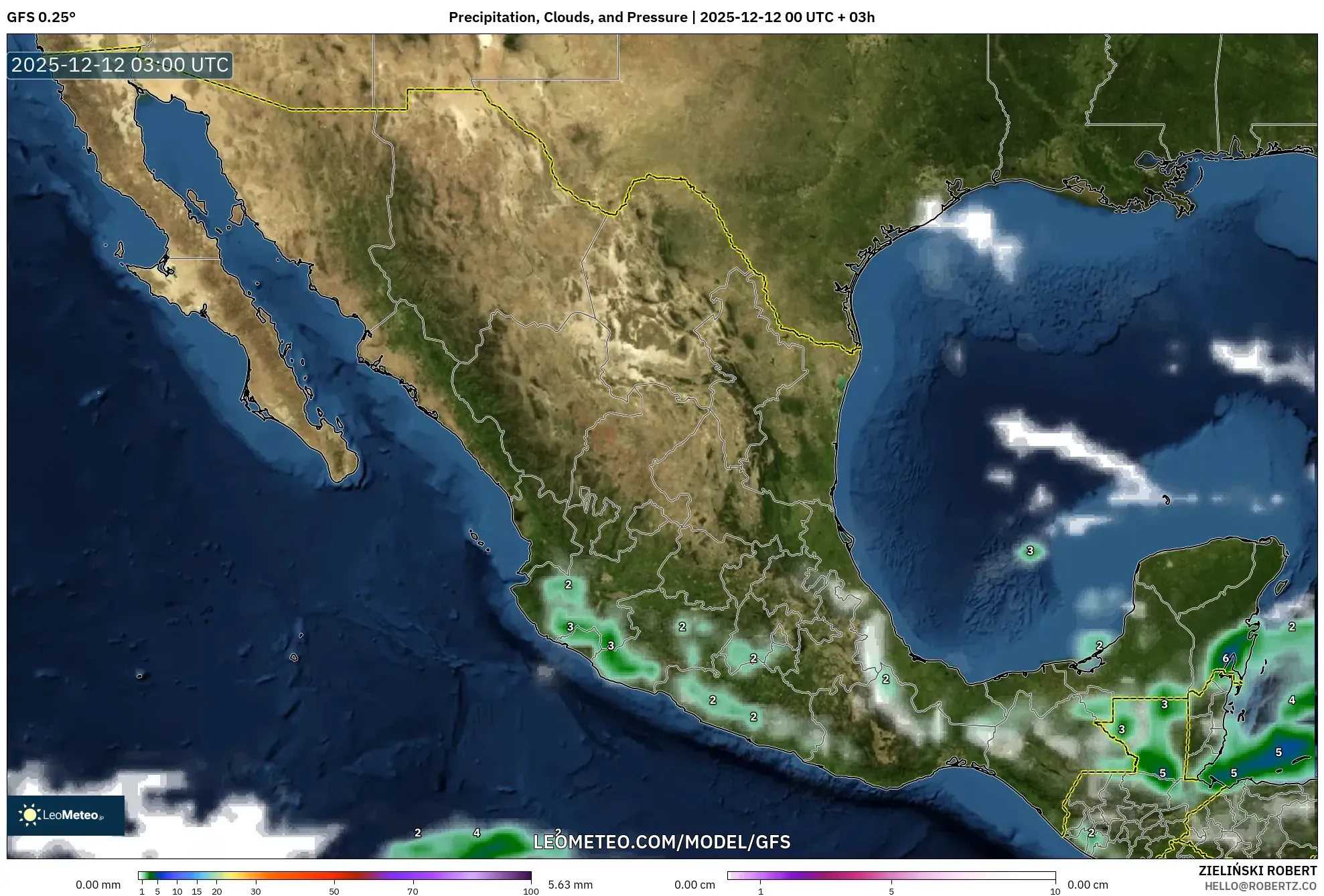 GFS model - Mexico, Hujan, Awan dan Tekanan