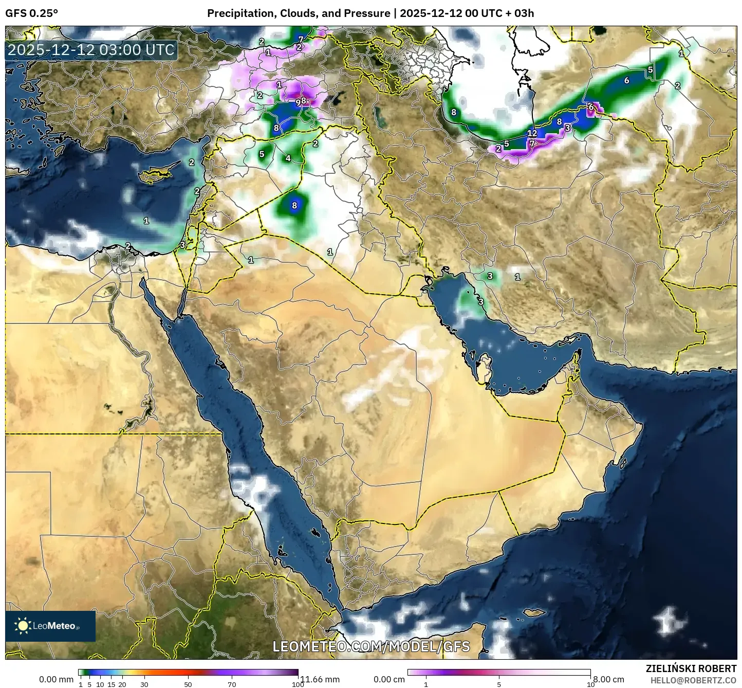 GFS model - Timur Tengah, Hujan, Awan dan Tekanan