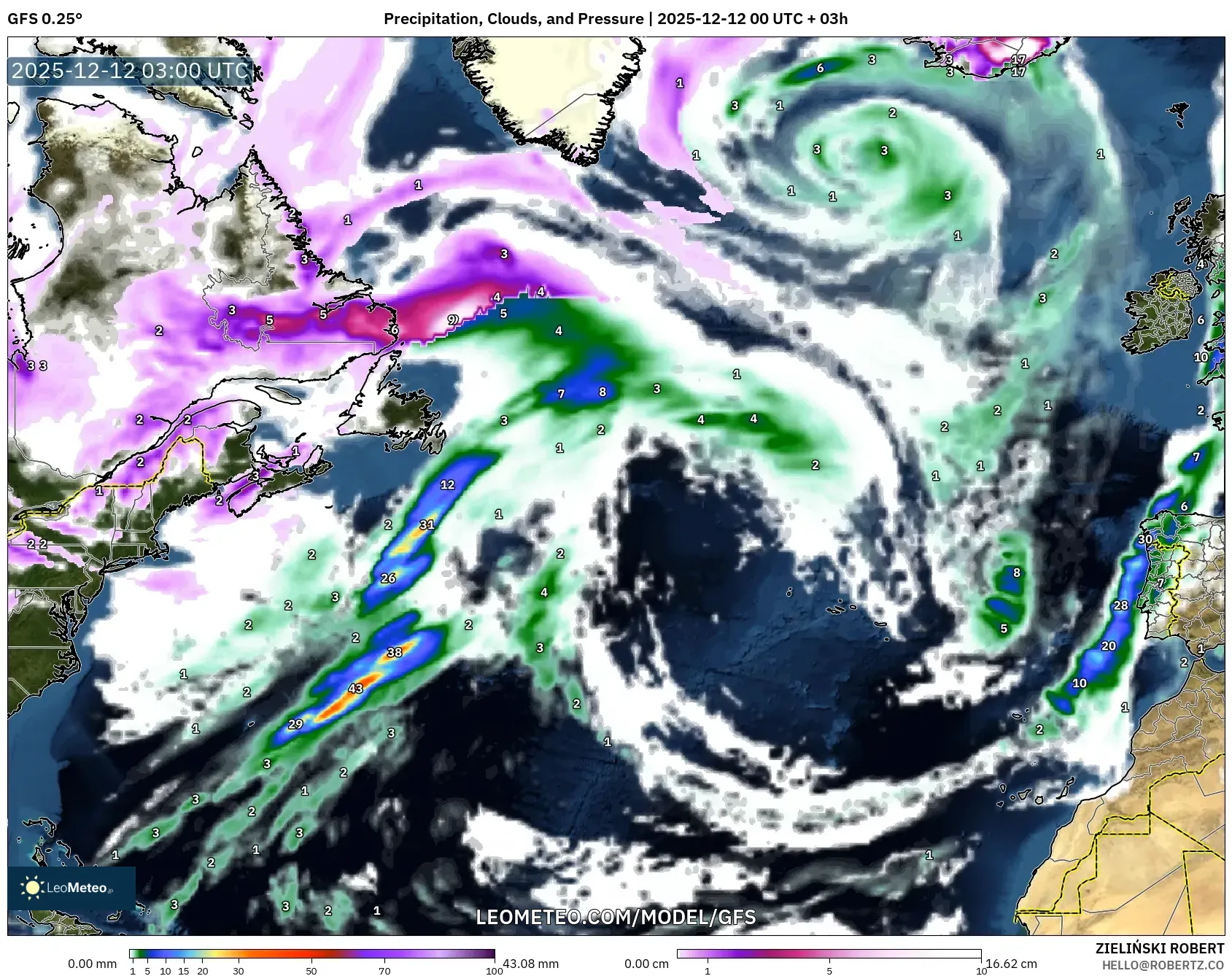 GFS model - Atlantik Utara, Hujan, Awan dan Tekanan