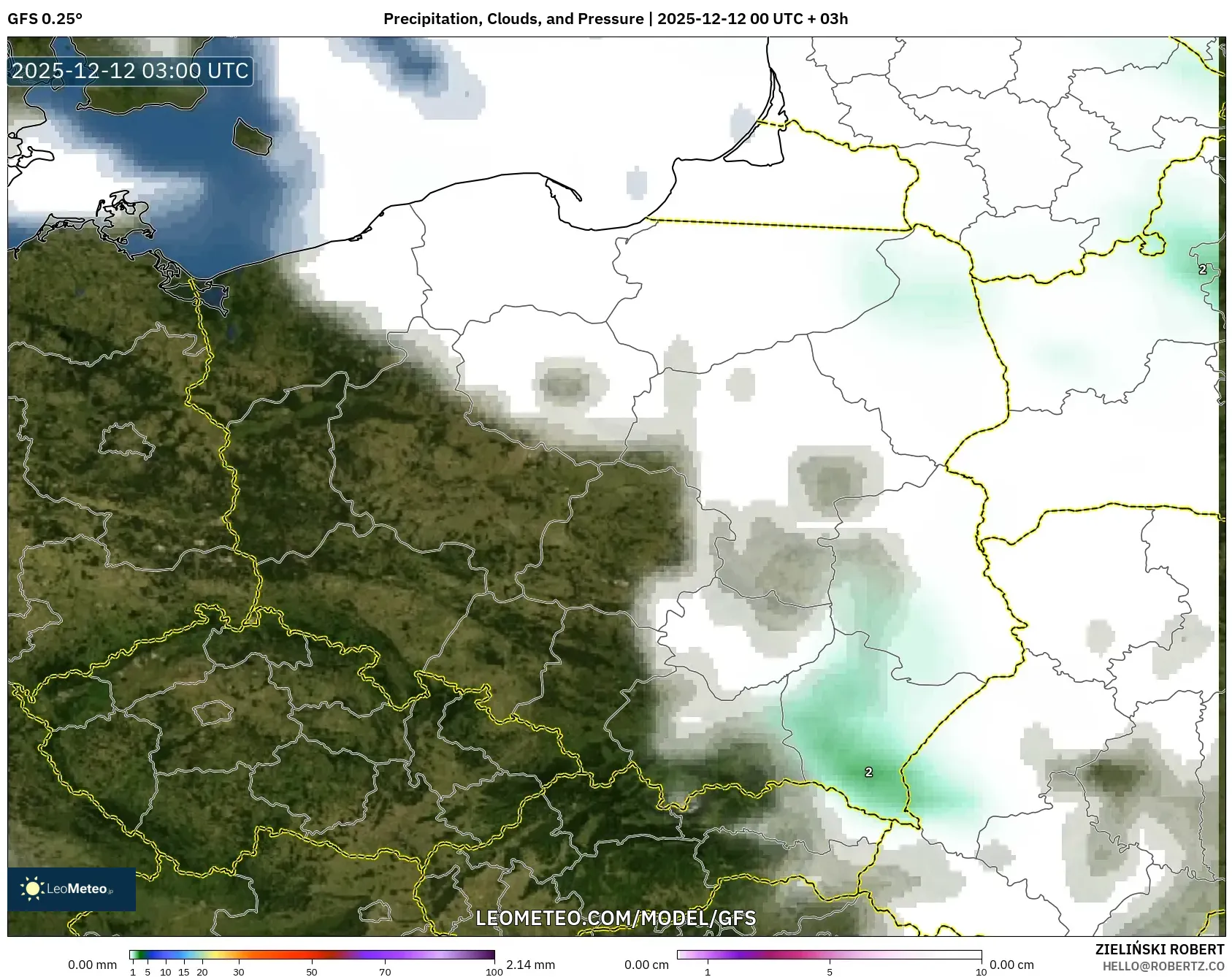GFS model - Poland, Hujan, Awan dan Tekanan