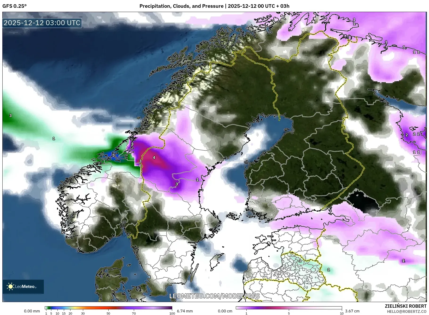 GFS model - Skandinavia, Hujan, Awan dan Tekanan
