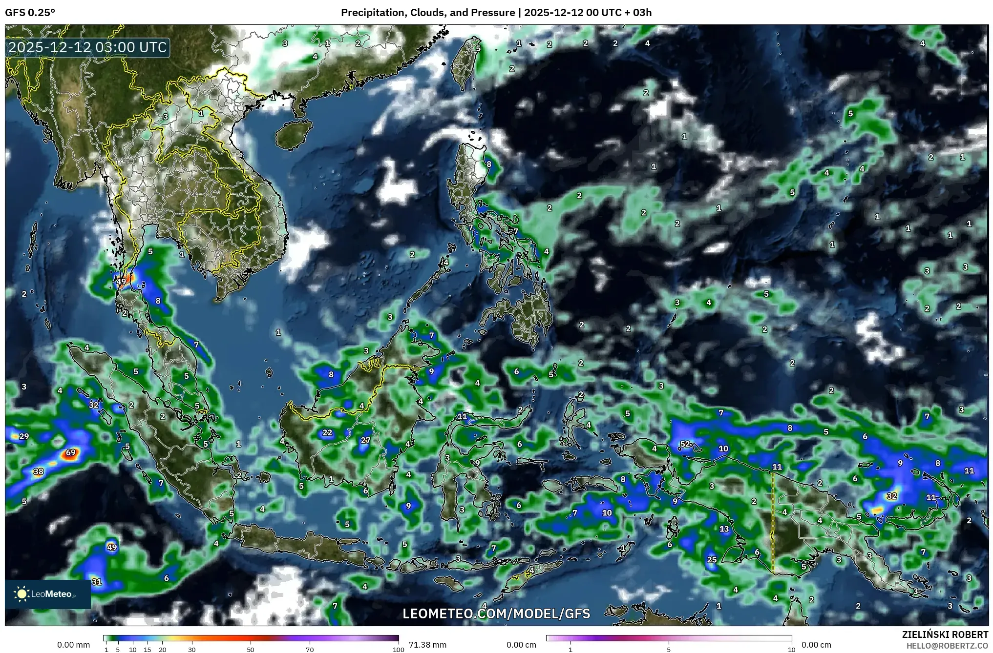 GFS model - Asia Tenggara, Hujan, Awan dan Tekanan