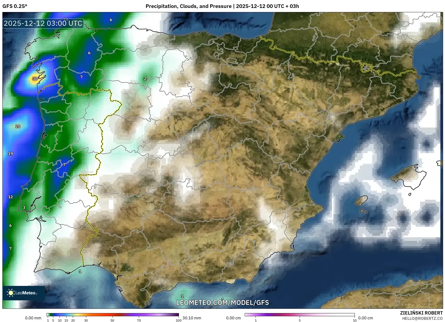 GFS model - Sepanyol, Hujan, Awan dan Tekanan