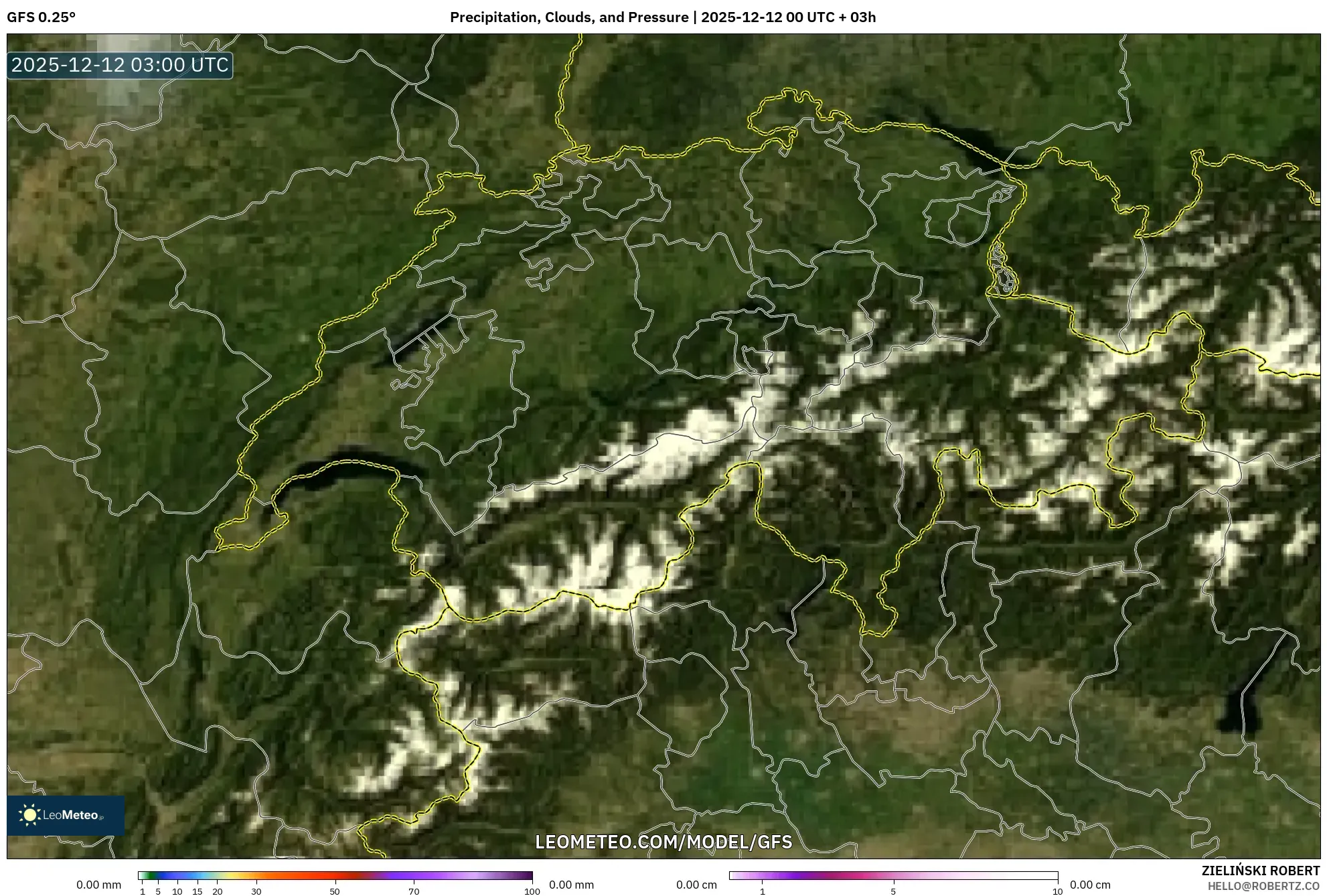 GFS model - Switzerland, Hujan, Awan dan Tekanan