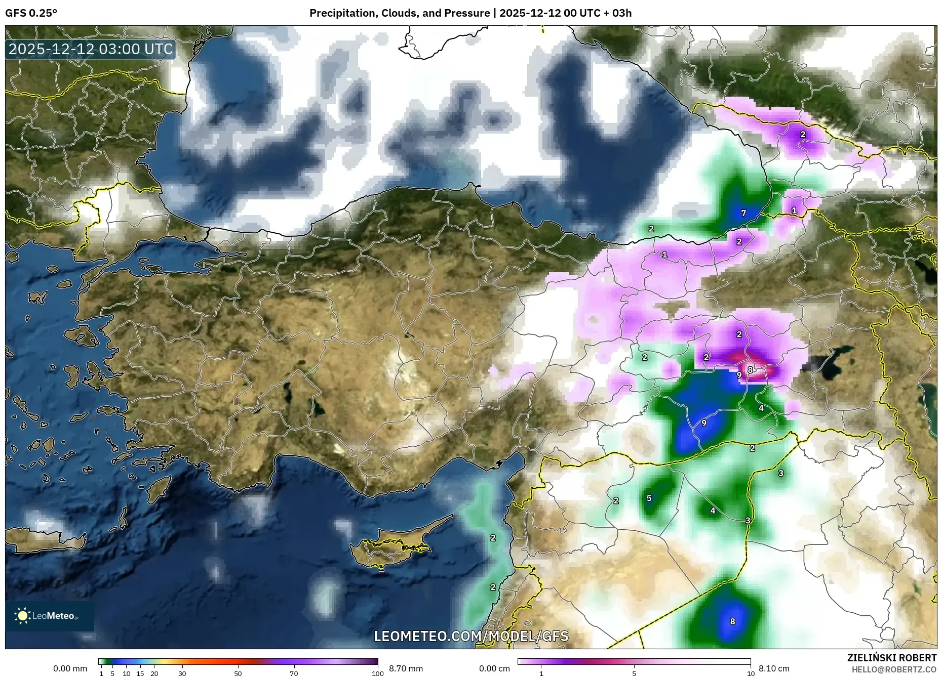 GFS model - Turki, Hujan, Awan dan Tekanan