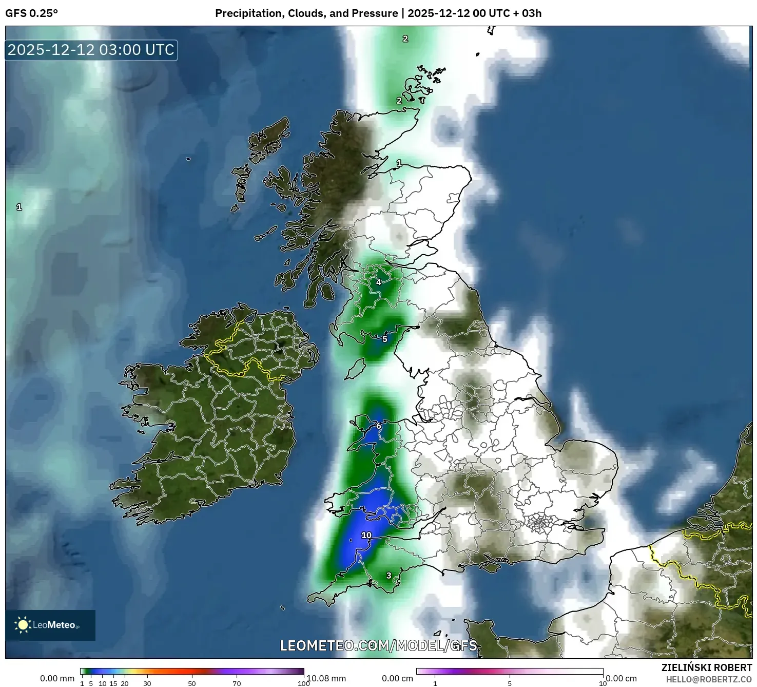 GFS model - United Kingdom, Hujan, Awan dan Tekanan