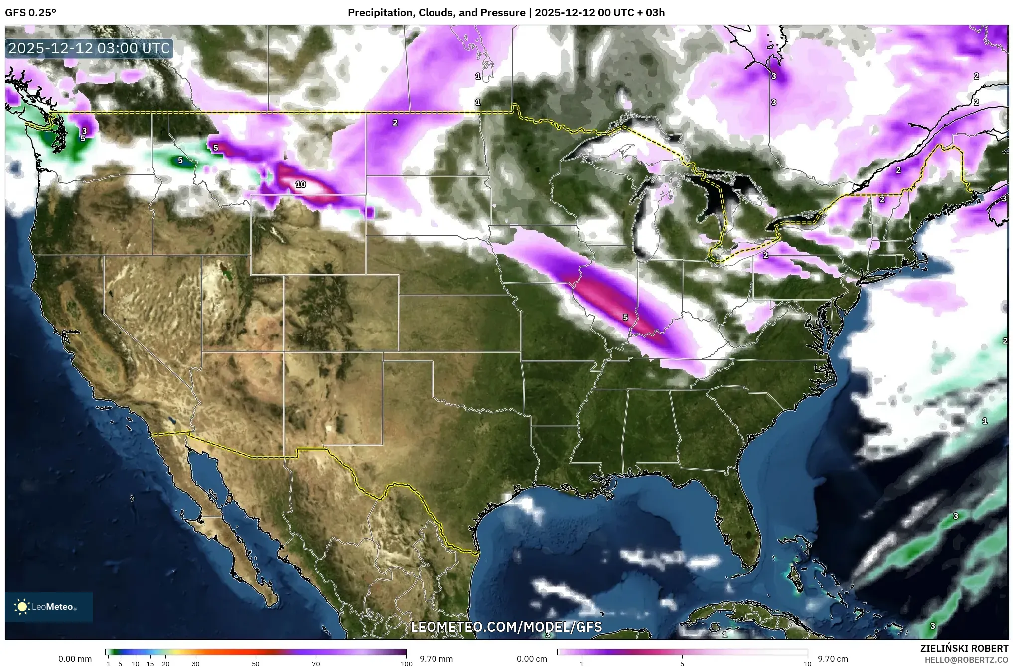 GFS model - Amerika Syarikat, Hujan, Awan dan Tekanan
