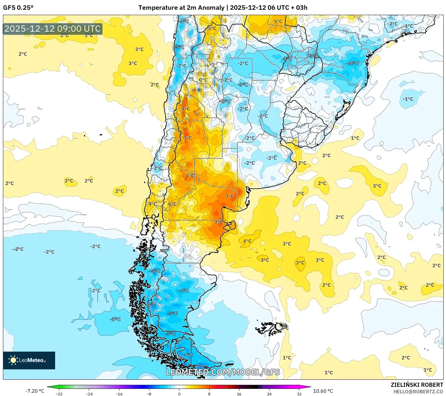 GFS model - Argentina, Anomali Suhu 2 m
