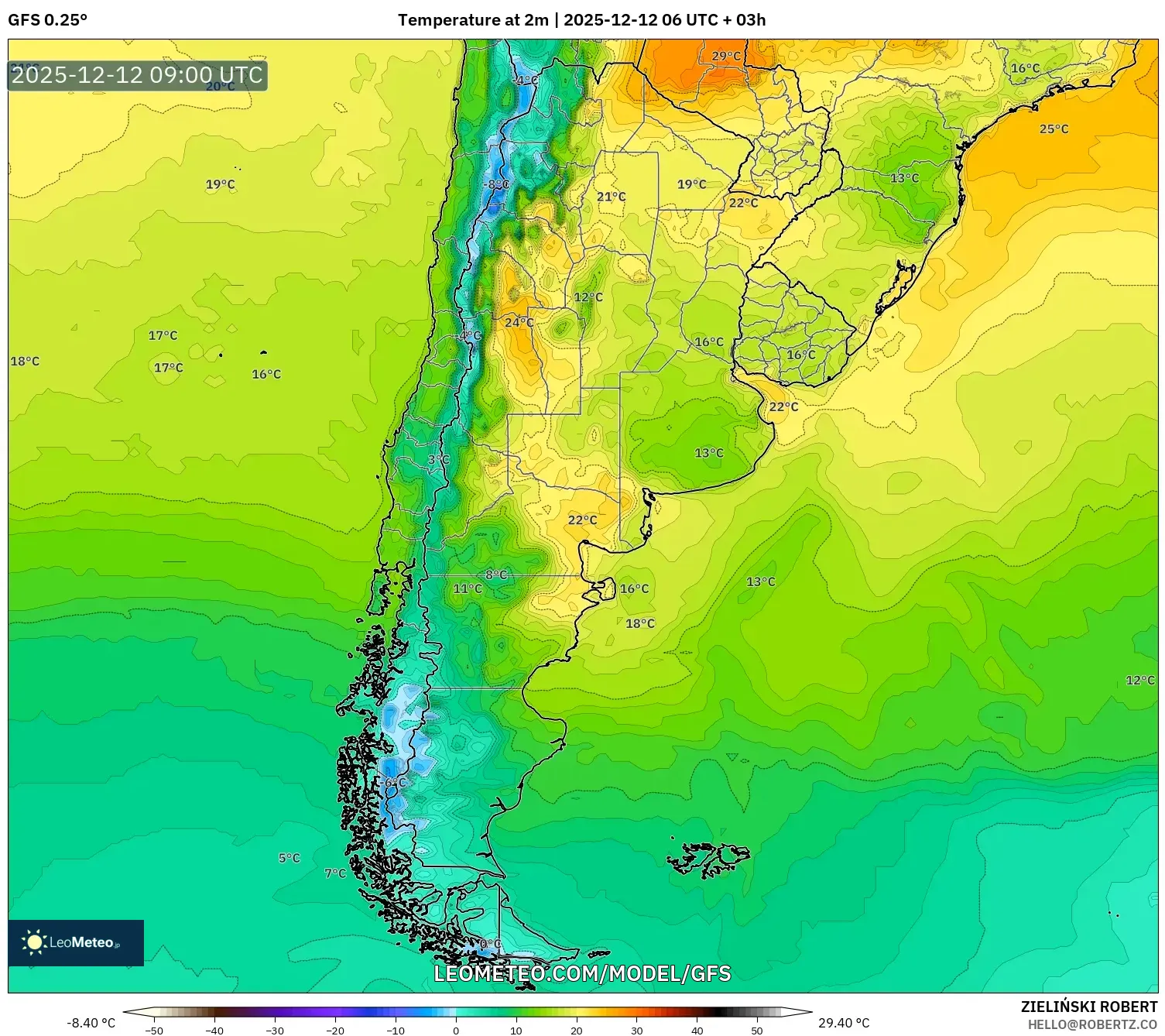 GFS model - Argentina, Suhu pada 2 m