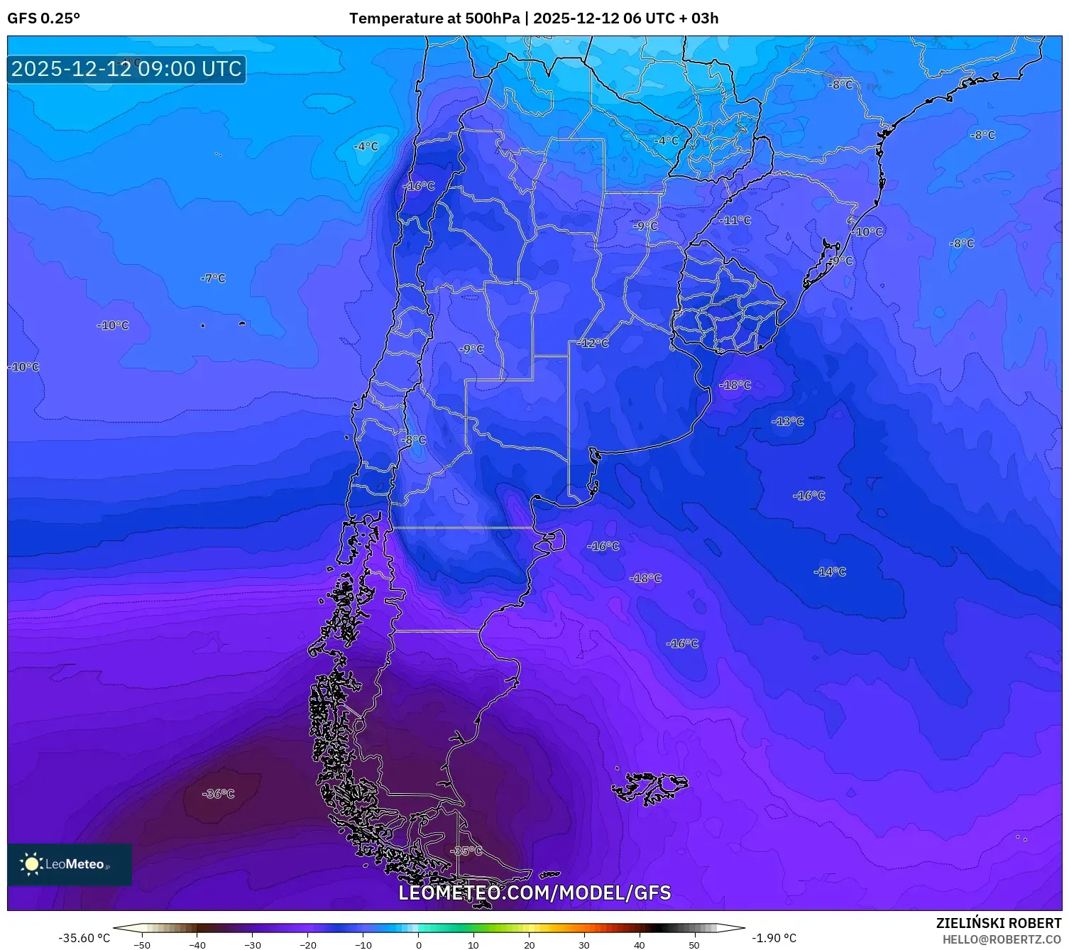 GFS model - Argentina, Suhu 500 hPa