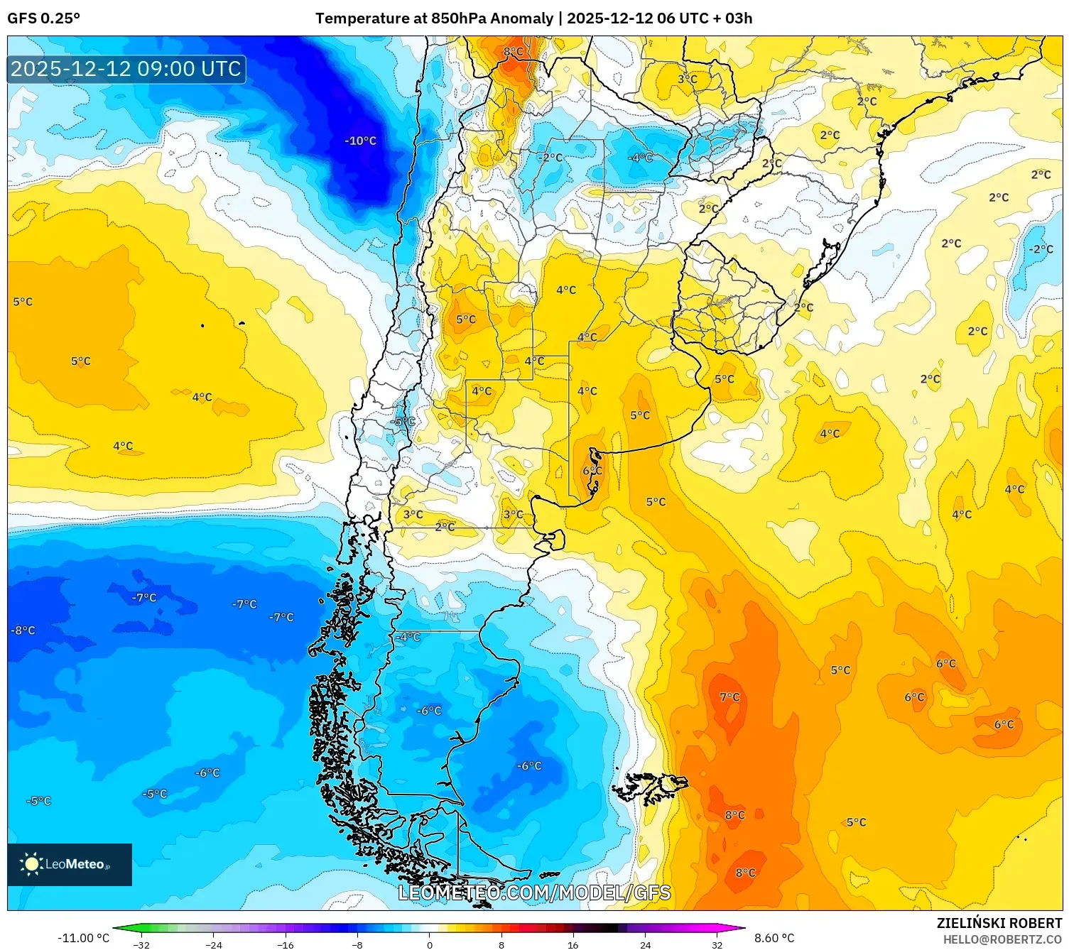 GFS model - Argentina, Anomali Suhu 850 hPa