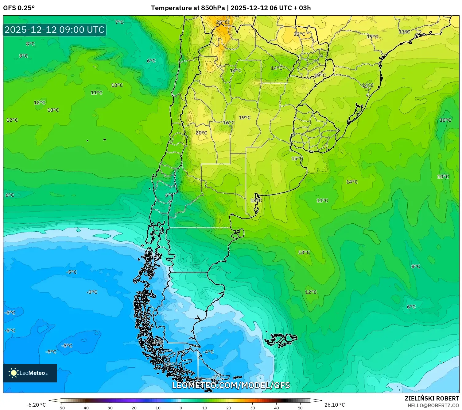 GFS model - Argentina, Suhu 850 hPa