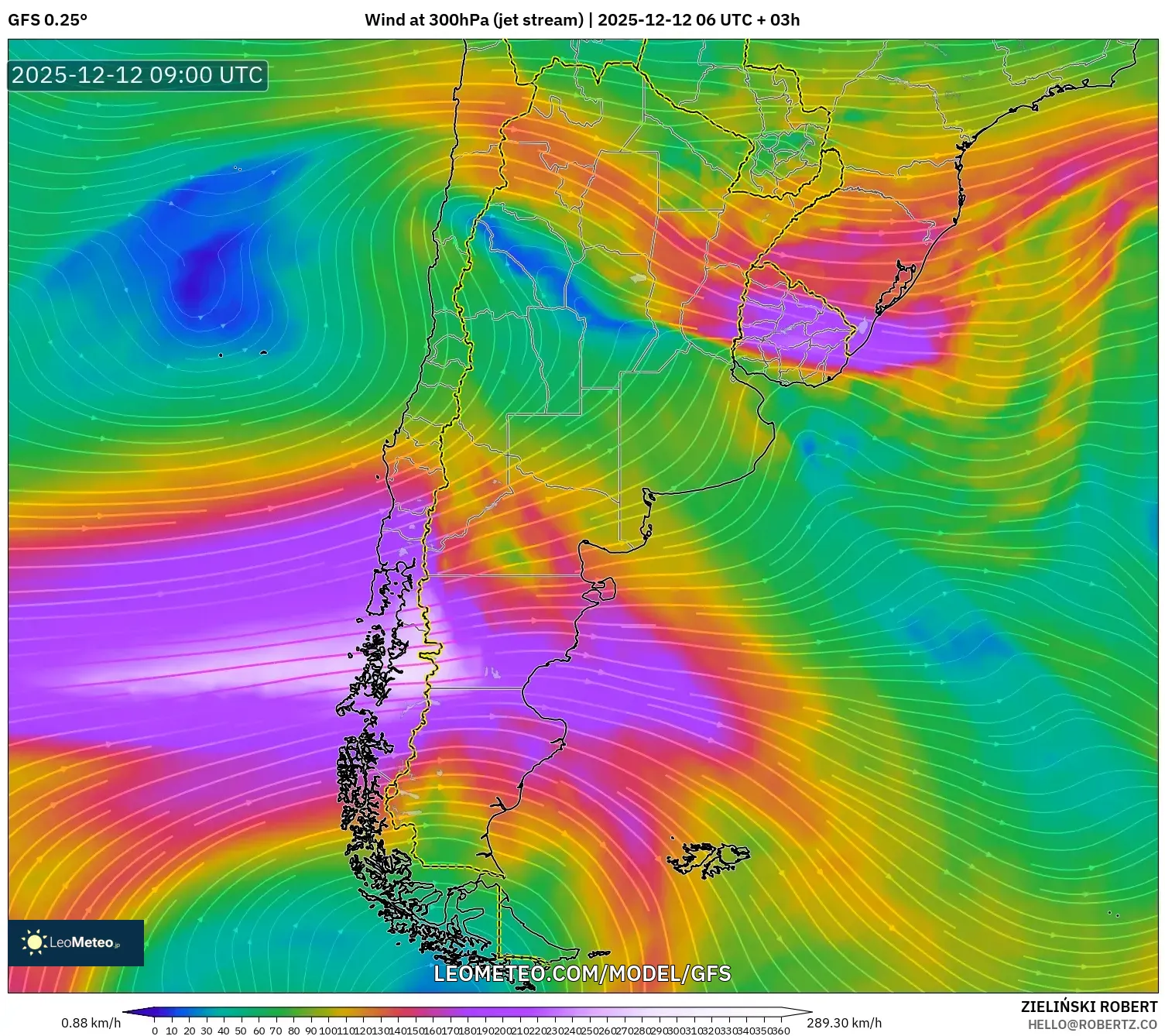 GFS model - Argentina, Angin 300 hPa (aliran jet)