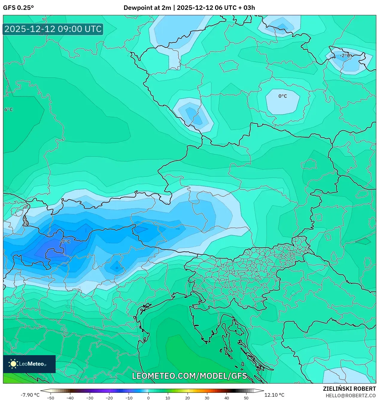 GFS model - Austria, Takat Embun 2 m