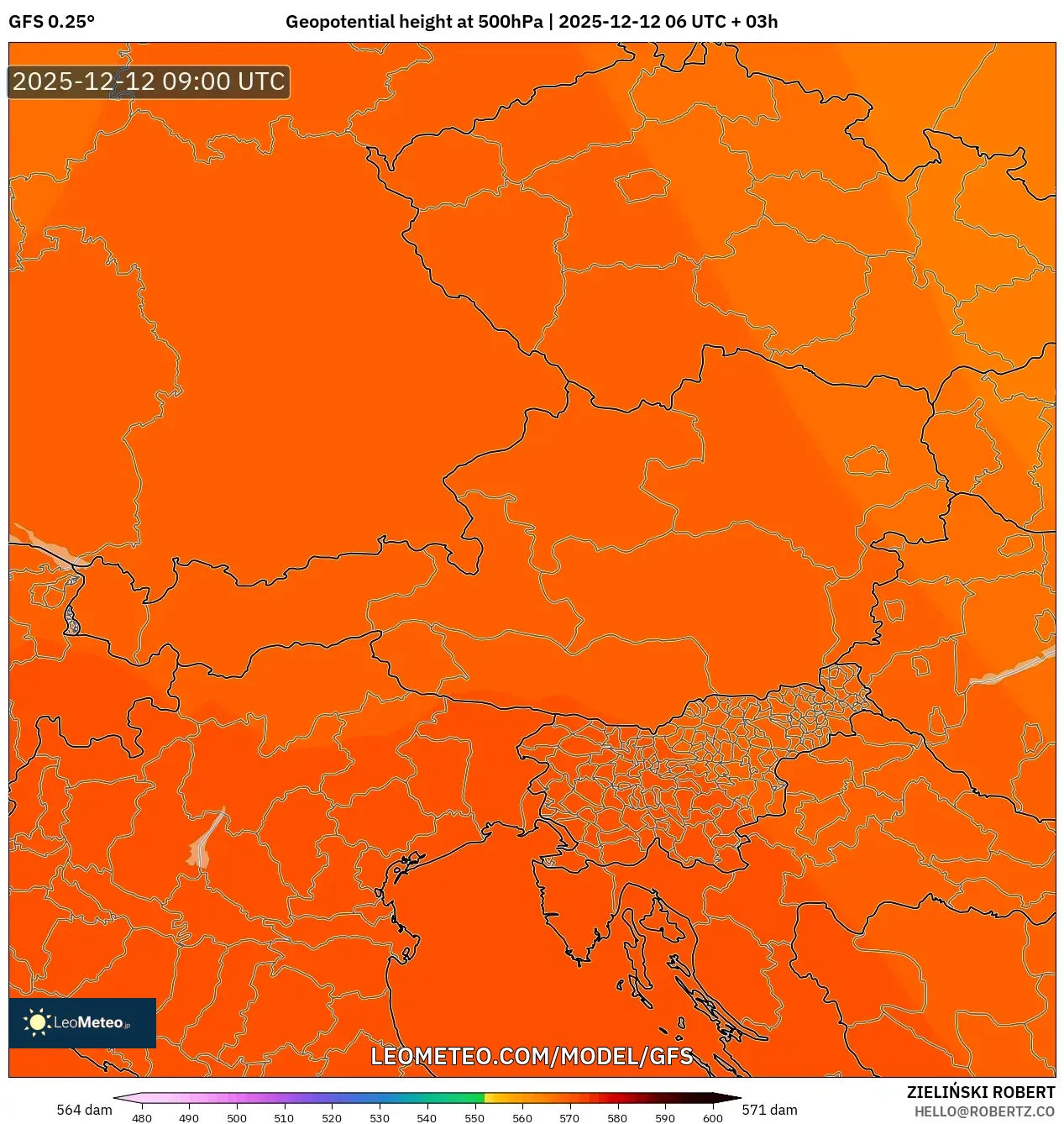 GFS model - Austria, Ketinggian geopotensial pada 500 hPa