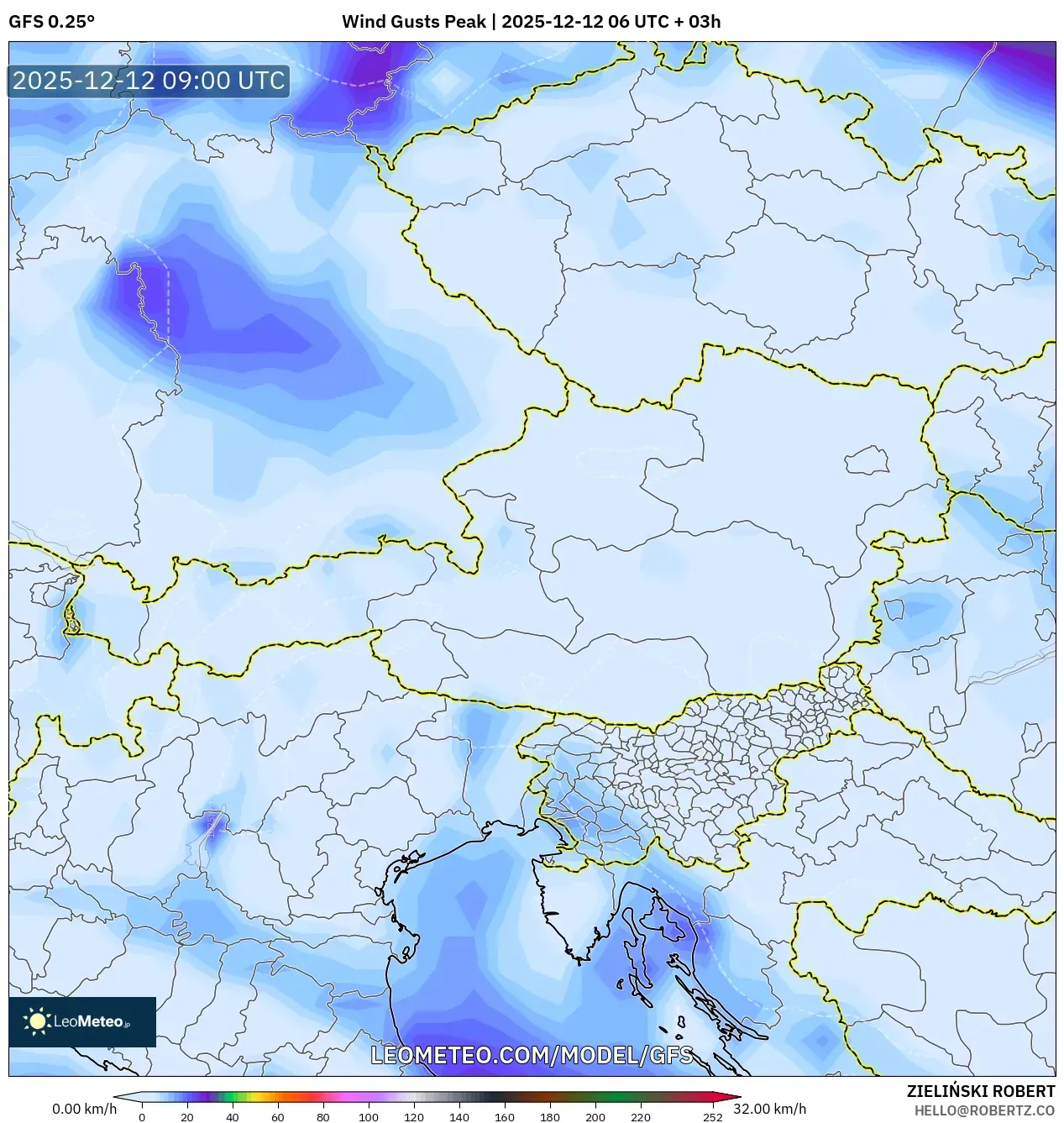 GFS model - Austria, Hembusan Tertinggi