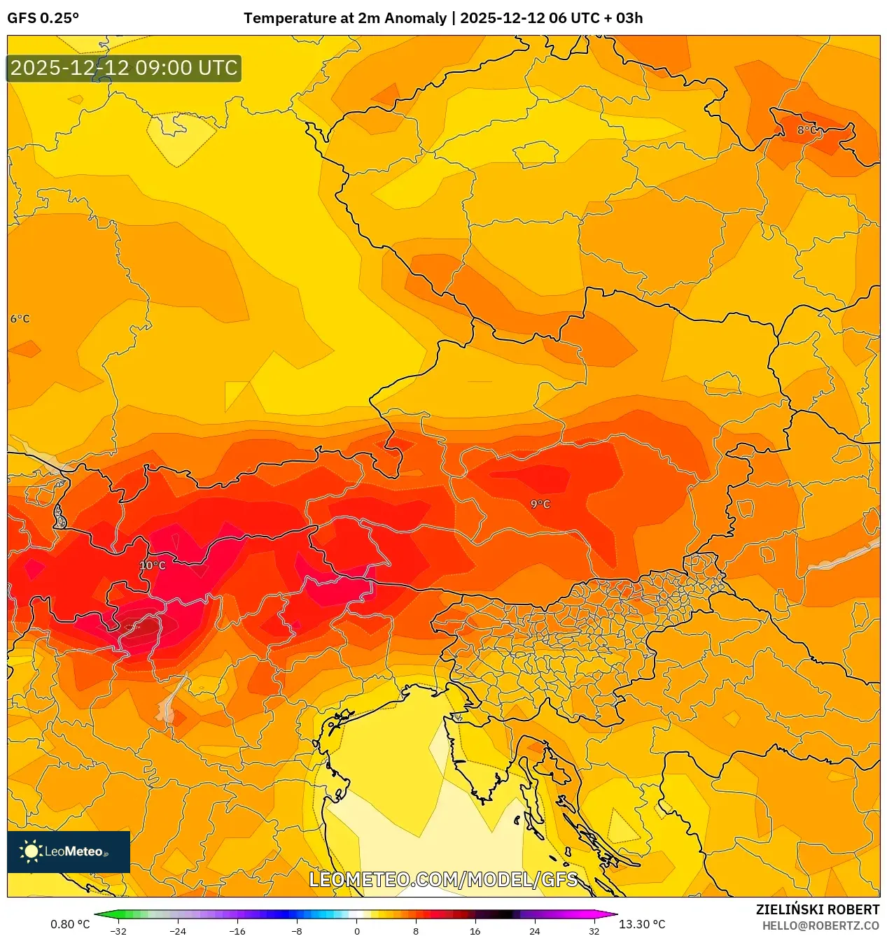 GFS model - Austria, Anomali Suhu 2 m
