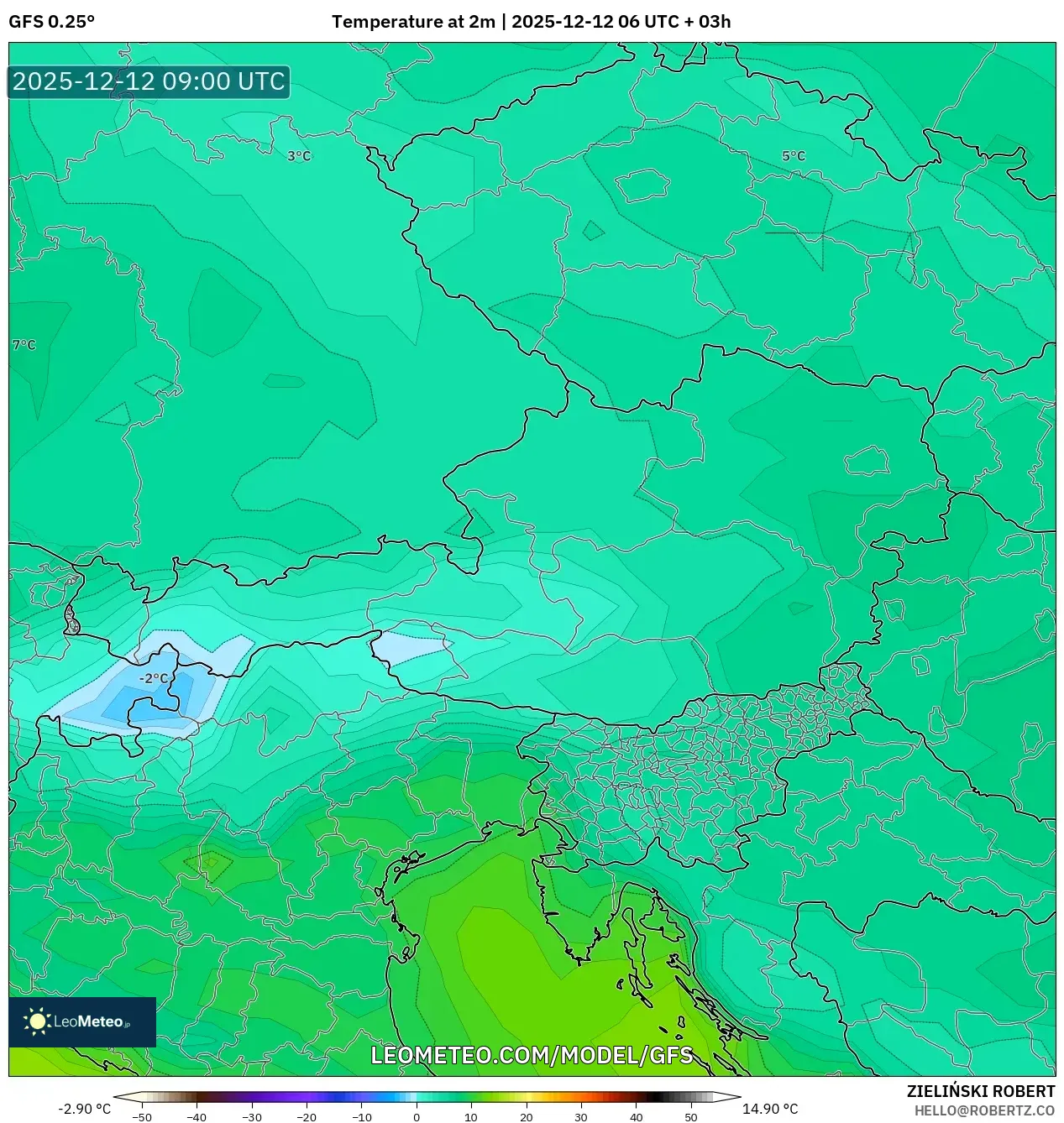 GFS model - Austria, Suhu pada 2 m