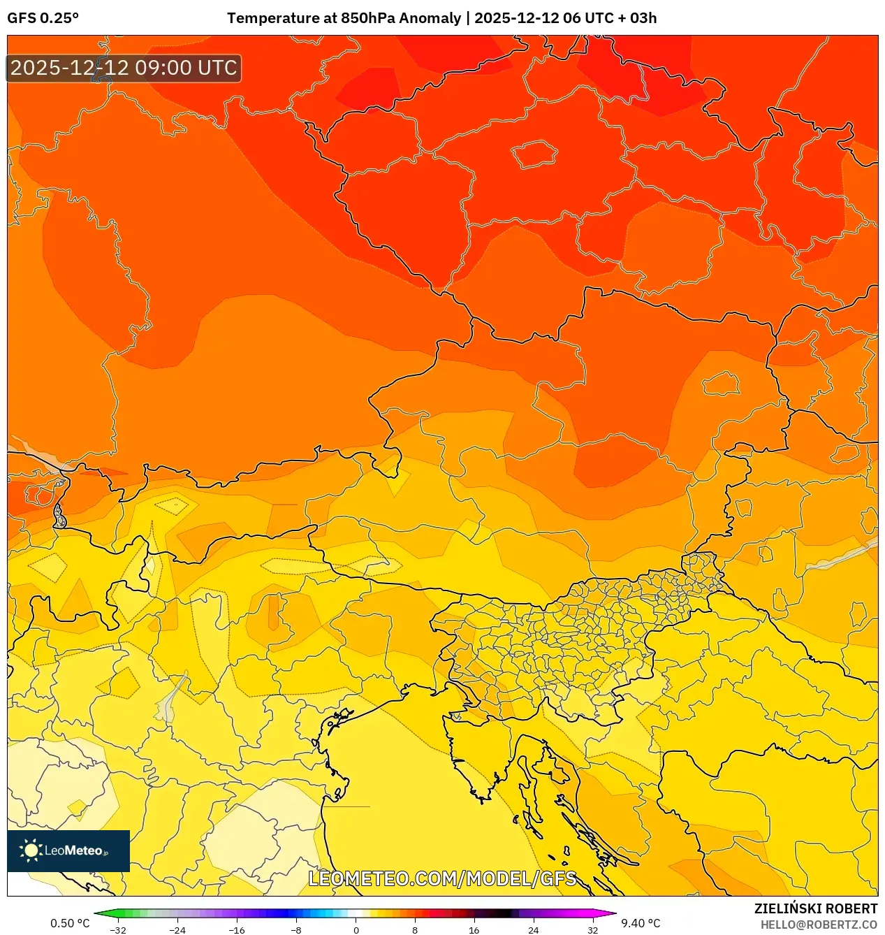 GFS model - Austria, Anomali Suhu 850 hPa