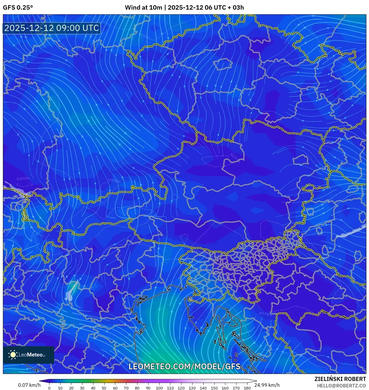 GFS model - Austria, Angin 10 m