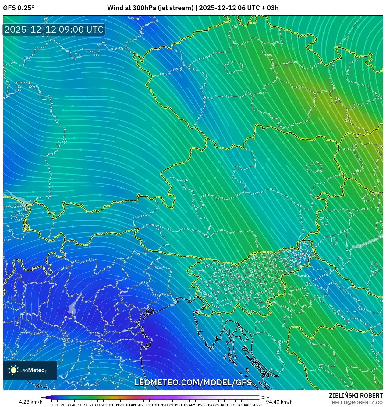 GFS model - Austria, Angin 300 hPa (aliran jet)