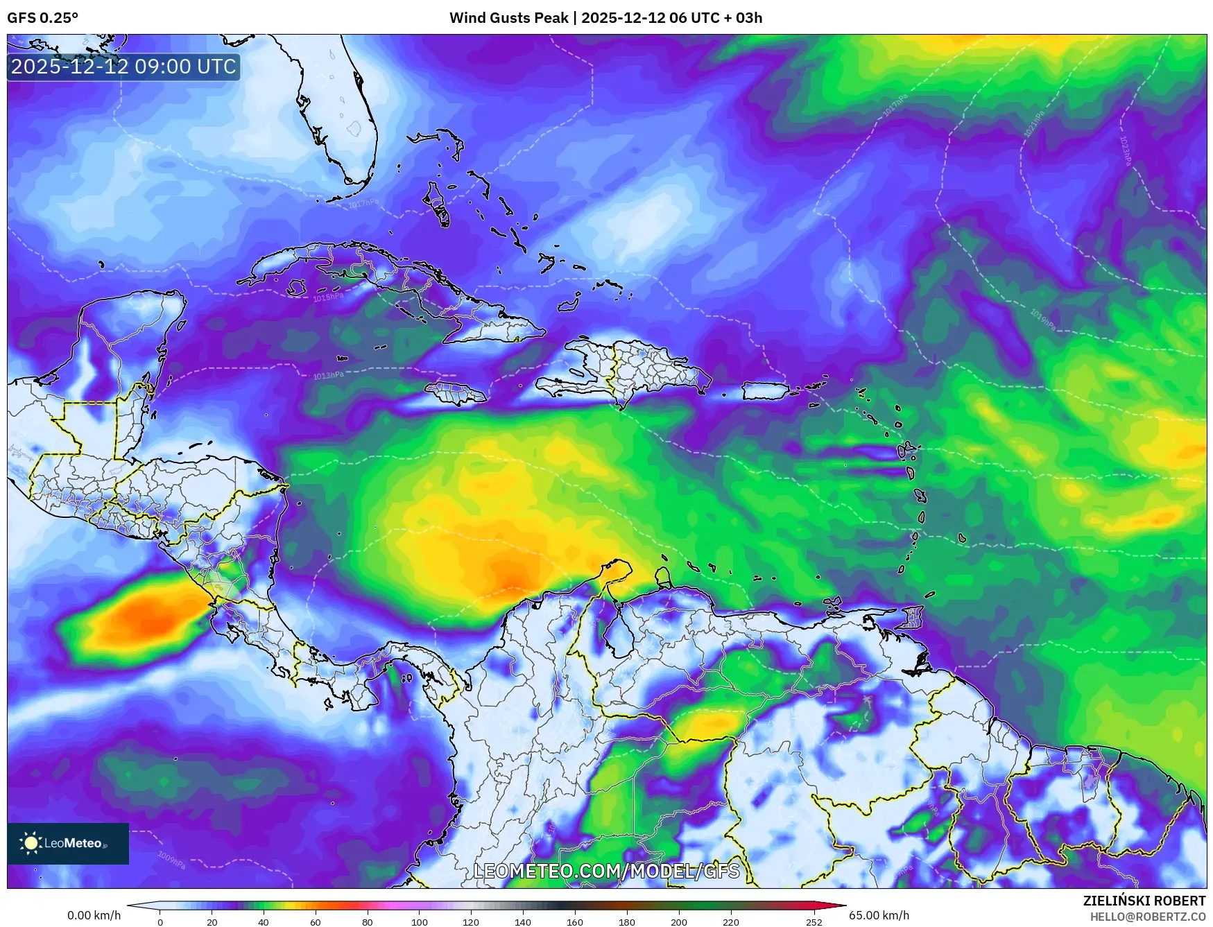 GFS model - Karibia, Hembusan Tertinggi
