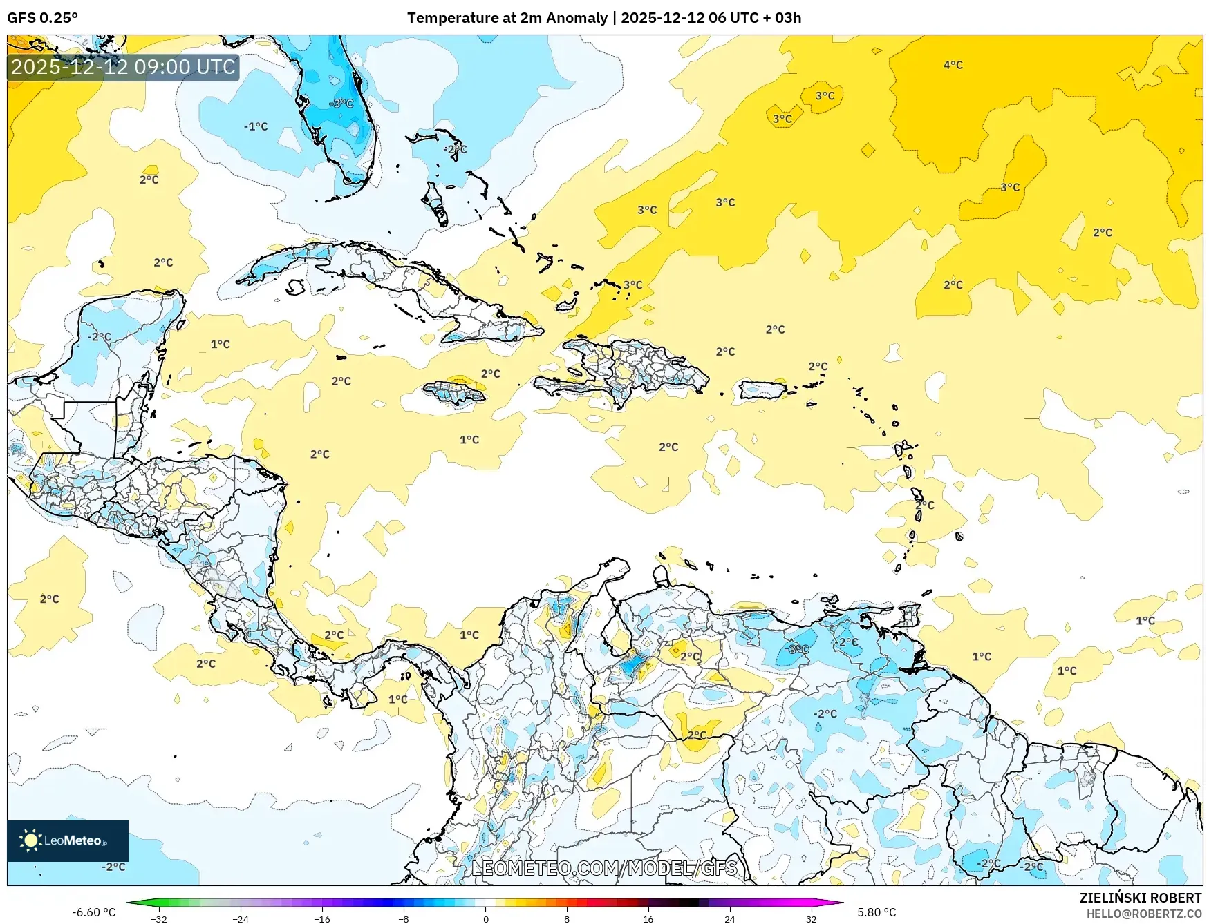 GFS model - Karibia, Anomali Suhu 2 m