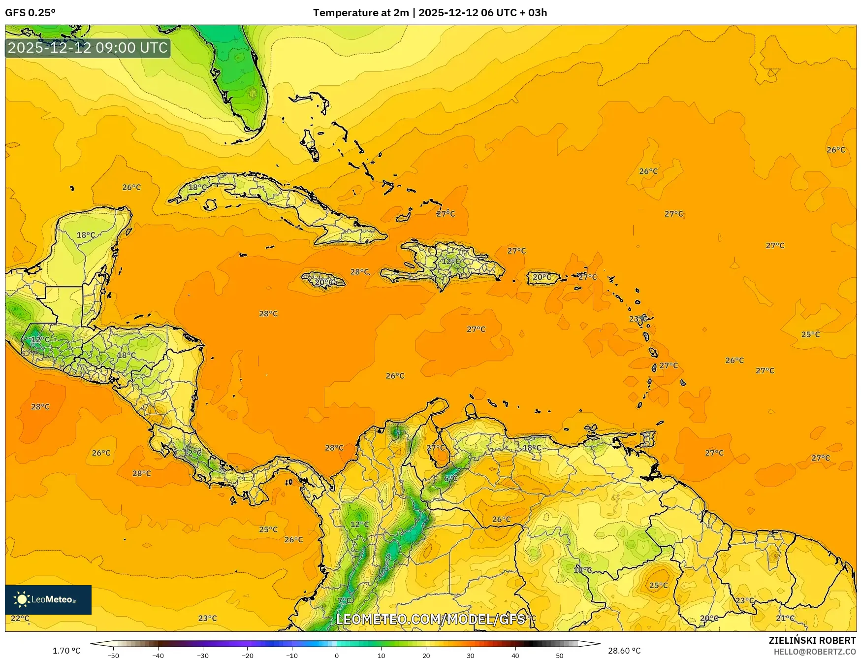 GFS model - Karibia, Suhu pada 2 m